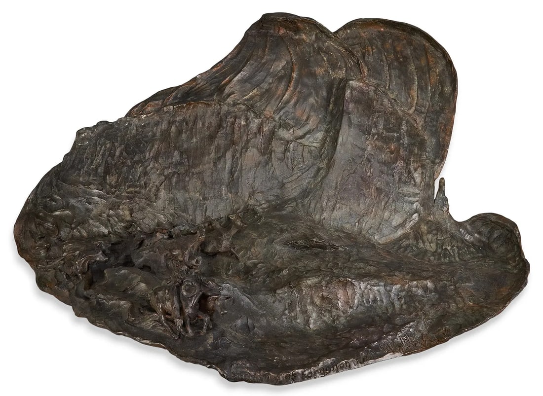 Fritz White, "Shadow of Forgotten Trails": Fritz White (Colorado / Ohio, 1930-2010), "Shadow of Forgotten Trails", artist-cast bronze sculpture, ed. 3/16 height 25.5 in. x width 33.5 in. x depth 12 in. Provenance: Property