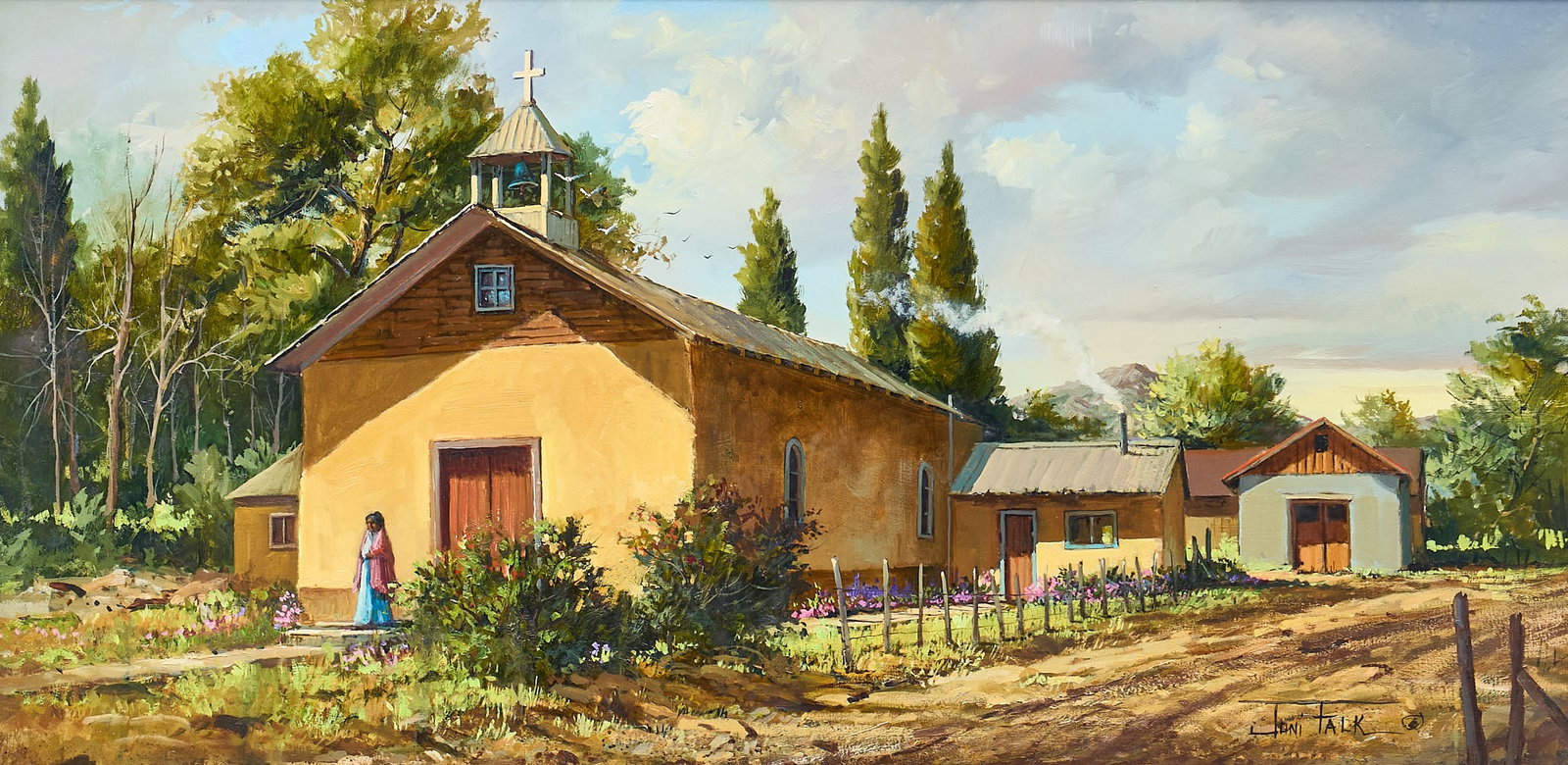 Joni Falk, "Mission Serenity": Joni Falk (Amer., b. 1933), "Mission Serenity", oil on board, signed lower right sight: 12 x 24 in., frame: 20.5 x 32.5 in. Provenance: Property from a Plano, Texas collection