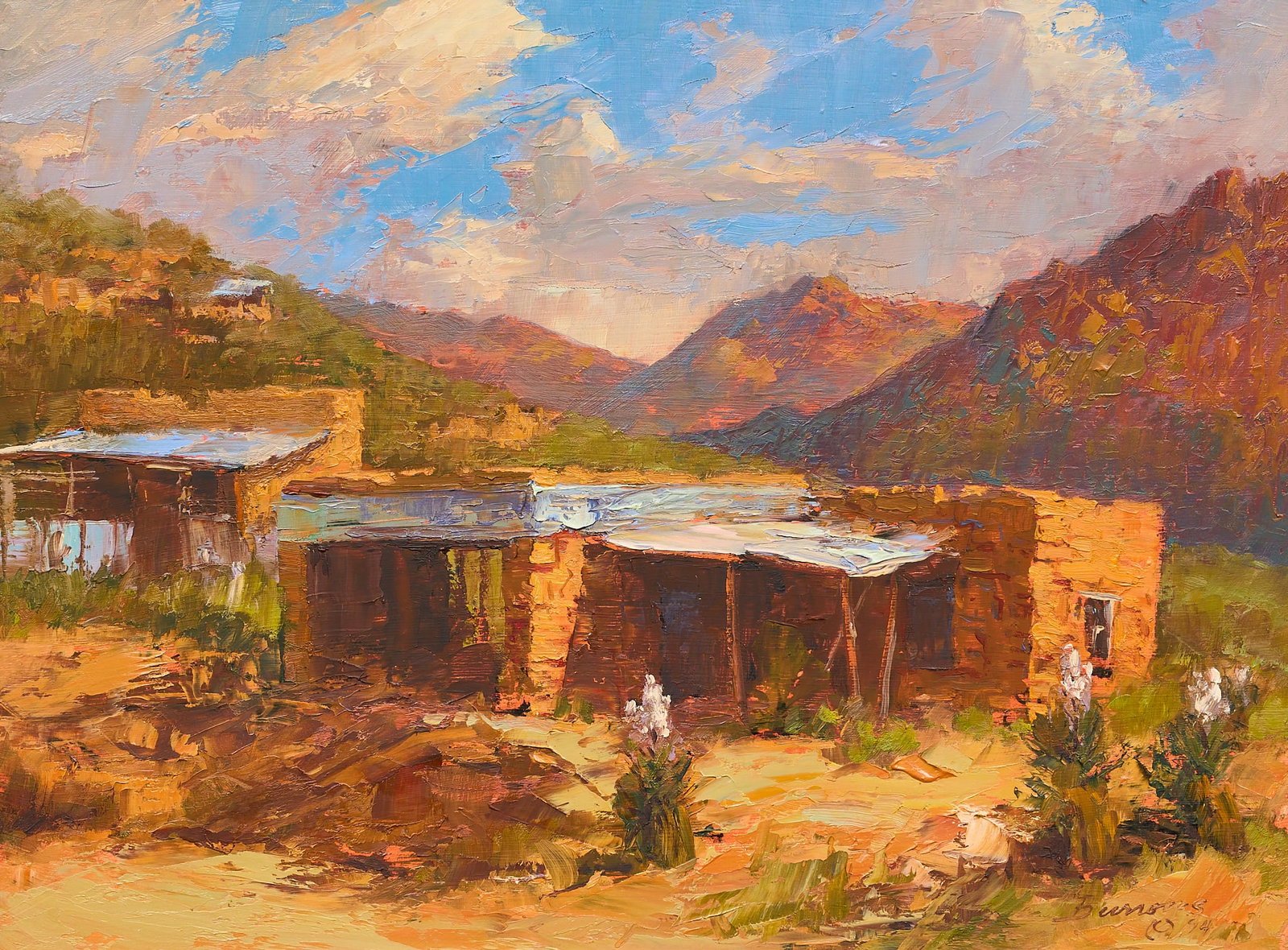 George Burrows, "Terlingua Ruins": George Burrows (Amer., 20th C.), "Terlingua Ruins", oil on panel, signed and dated lower right, 1994, title inscribed on the verso sight: 12 x 16 in., frame: 23.5 x 27.5 in. Provenance: The