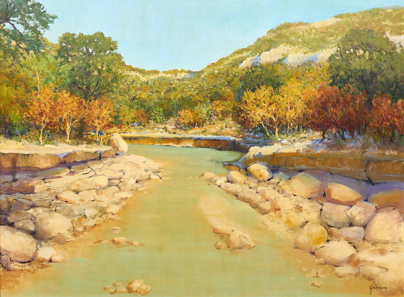 Jerry Greenberg, "Slow Water": Jerry Greenberg (Texas, b. 1946), "Slow Water", oil on canvas, signed lower right, titled on the stretcher bar sight: 30 x 40 in., frame: 37.5 x 47.5 in. Provenance: Property from