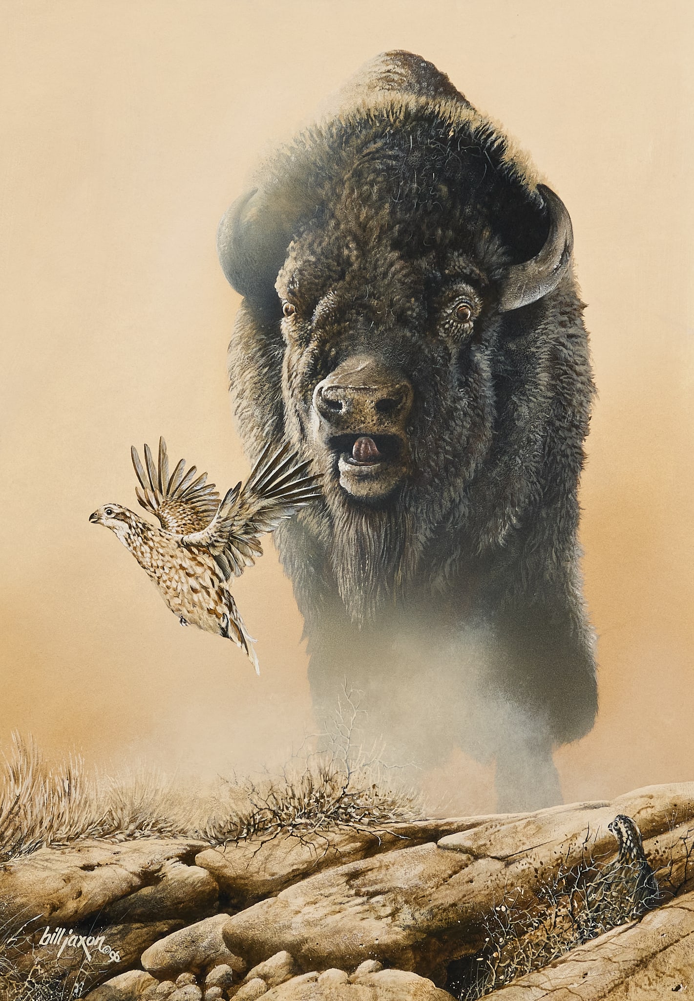 Bill Jaxon, "I’m Outta Here": Bill Jaxon (Amer., b. 20th C.), "I'm Outta Here", acrylic on panel, signed and dated lower left, 1996 sight: 20 x 14 in., frame: 31.5 x 25.5 in. Provenance: Property from the Estate of