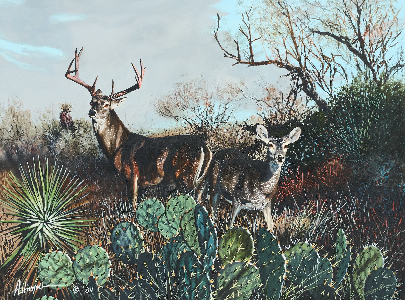 Armando Hinojosa, "Whitetail": Armando Hinojosa (Texas, b. 1944), "Whitetail", gouache on paper, signed and dated lower left, 1984 sight: 12 x 16 in., frame: 28 x 32 in. Provenance: Property from a home in