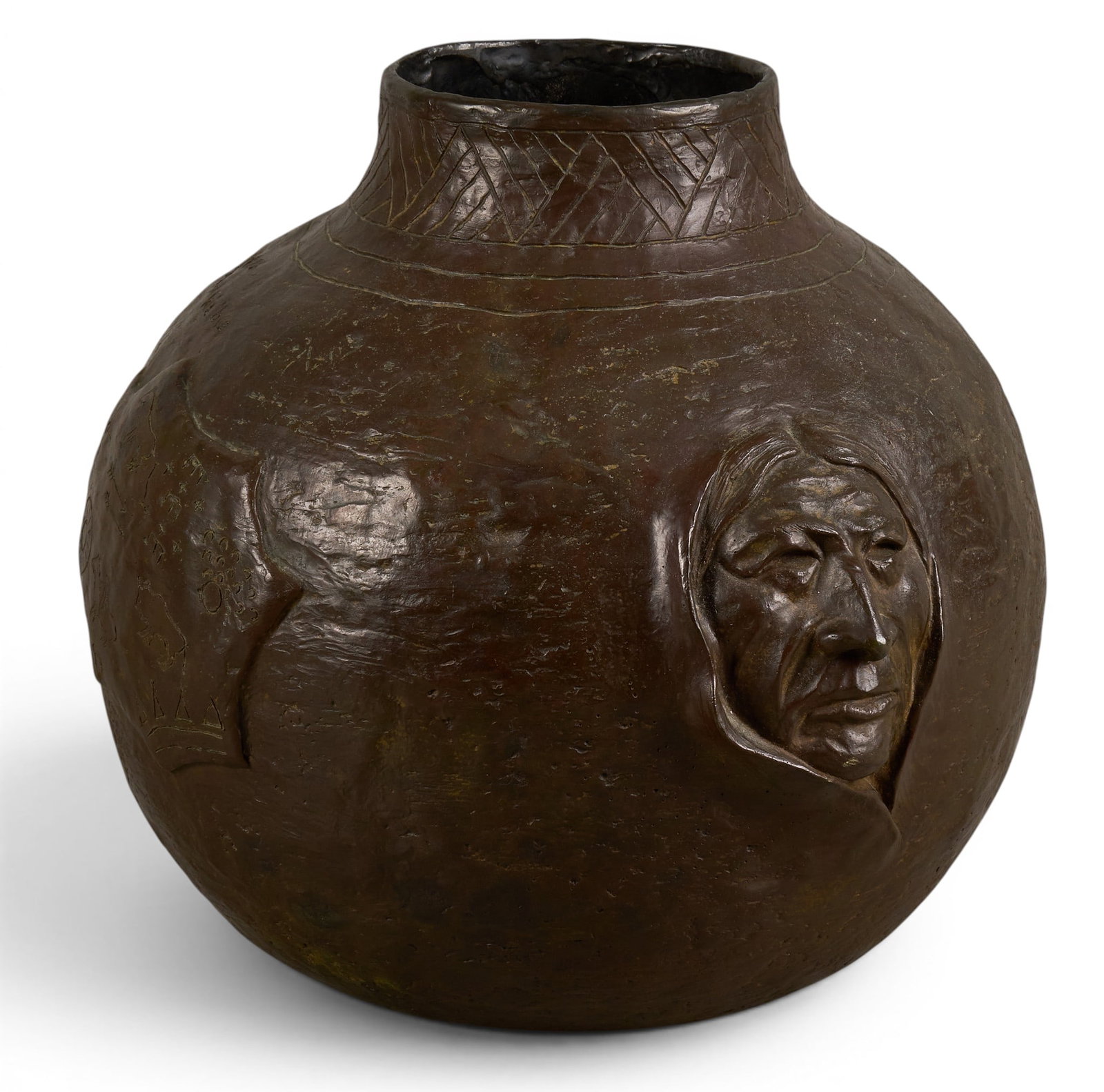 George Walbye, Bronze Sculptural Pot: George H. Walbye (Colorado, b. 1941), artist-cast bronze sculptural vessel with incised ornamentation and sculptural reliefs, incised signature, edition number 14/30, and date, 1976 height 11.5 in. x
