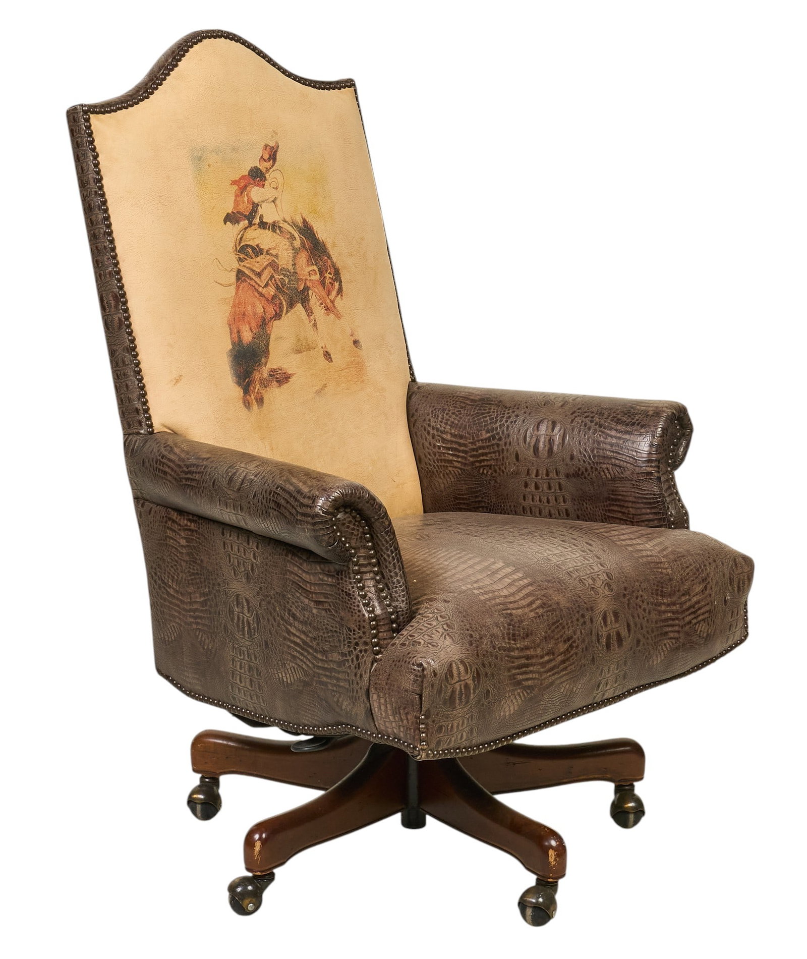 Western Style Office Chair: Ranch style office chair with crocodile print leather, and bucking bronco motif, on swivel base height 47 in. x width 29 in. x depth 32 in. Provenance: Property from a home in San Antonio,