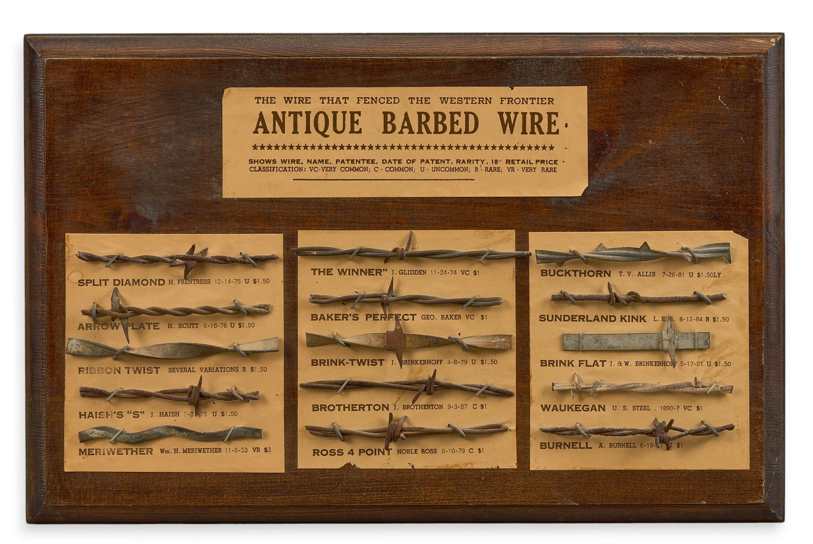 Antique Barbed Wire Display Board: Antique barbed wire display board, each labeled with its name and patent date, titled 'The Wire That Fenced The Western Frontier', with hardware for hanging height 11.5 in. x 