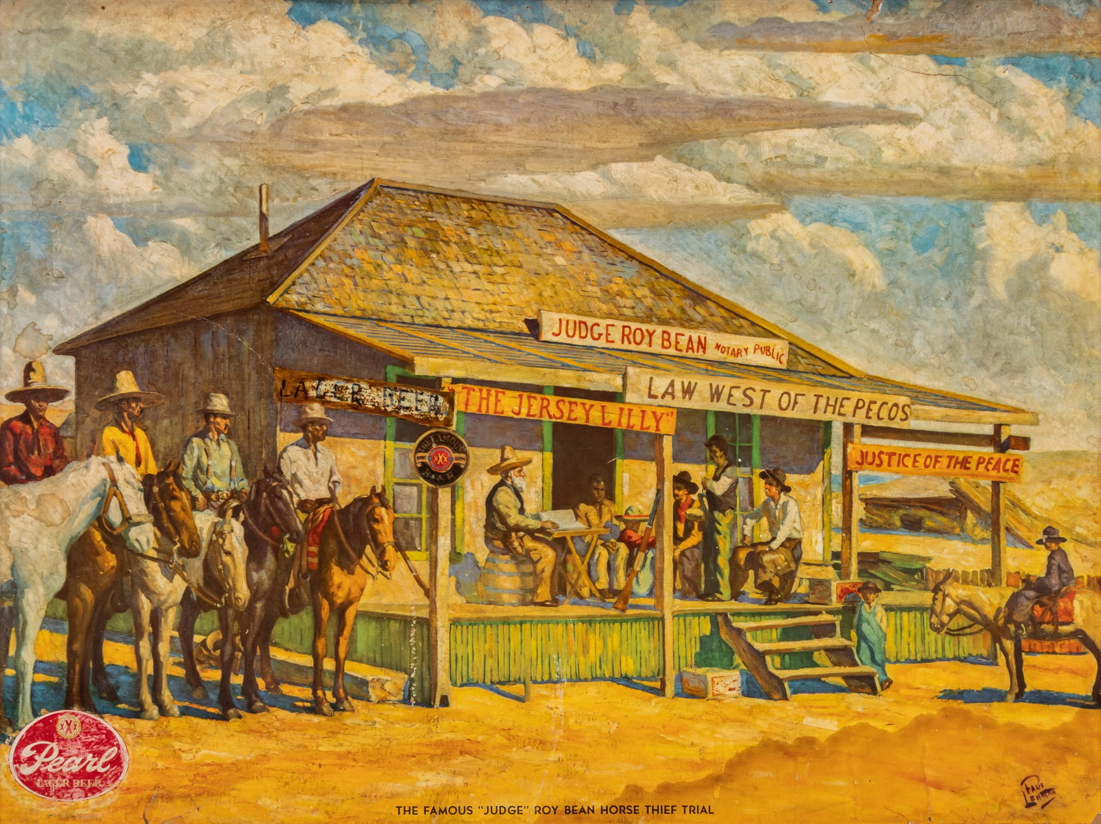 Vintage Pearl Beer Judge Roy Bean Advertising Print, 1958: Framed "Judge Roy Bean" Pearl Beer advertisement, depicting the infamous "Horse Thief Trial" at the Jersey Lilly Saloon in Langtry, Texas, with "The Famous