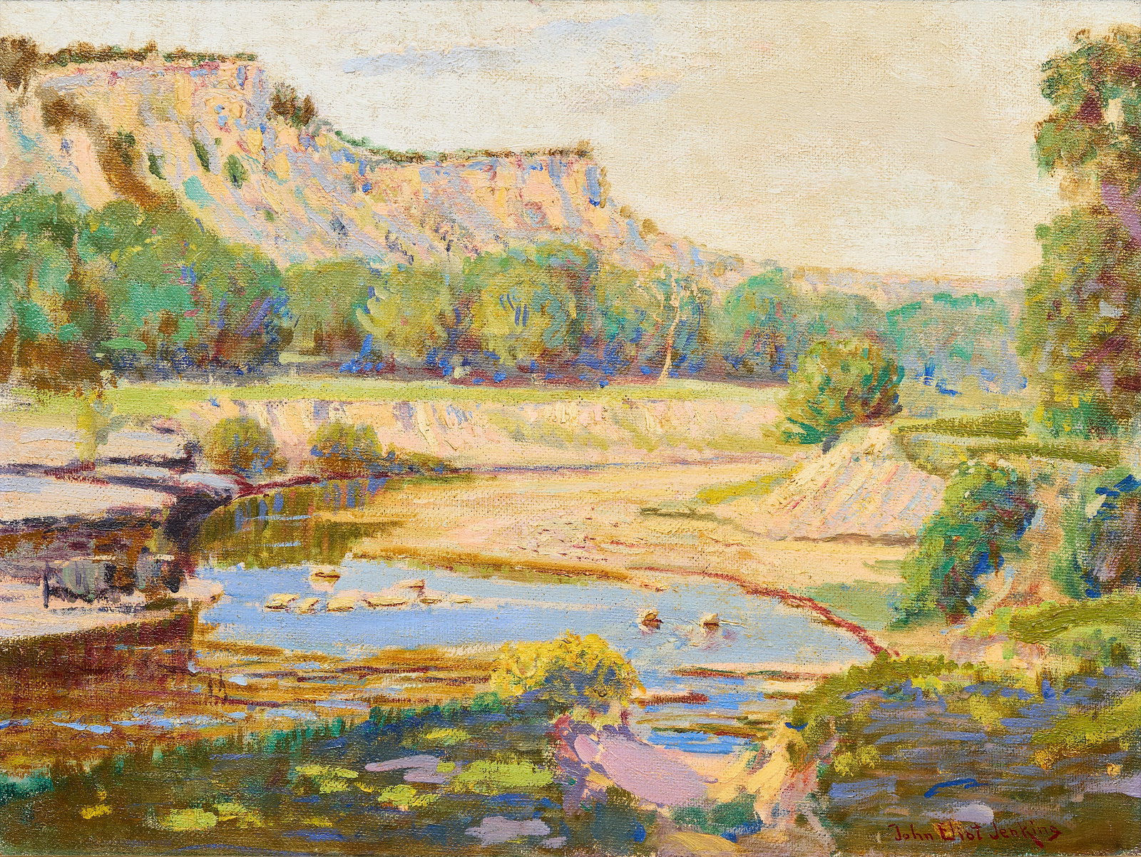 John Eliot Jenkins, Texas Creekbed: John Eliot Jenkins (Kansas / Texas, 1868-1937), Texas creekbed and cliffs landscape, oil on panel, signed lower right sight: 18 x 24 in., frame: 23.5 x 29.5 in. Provenance: Property from a