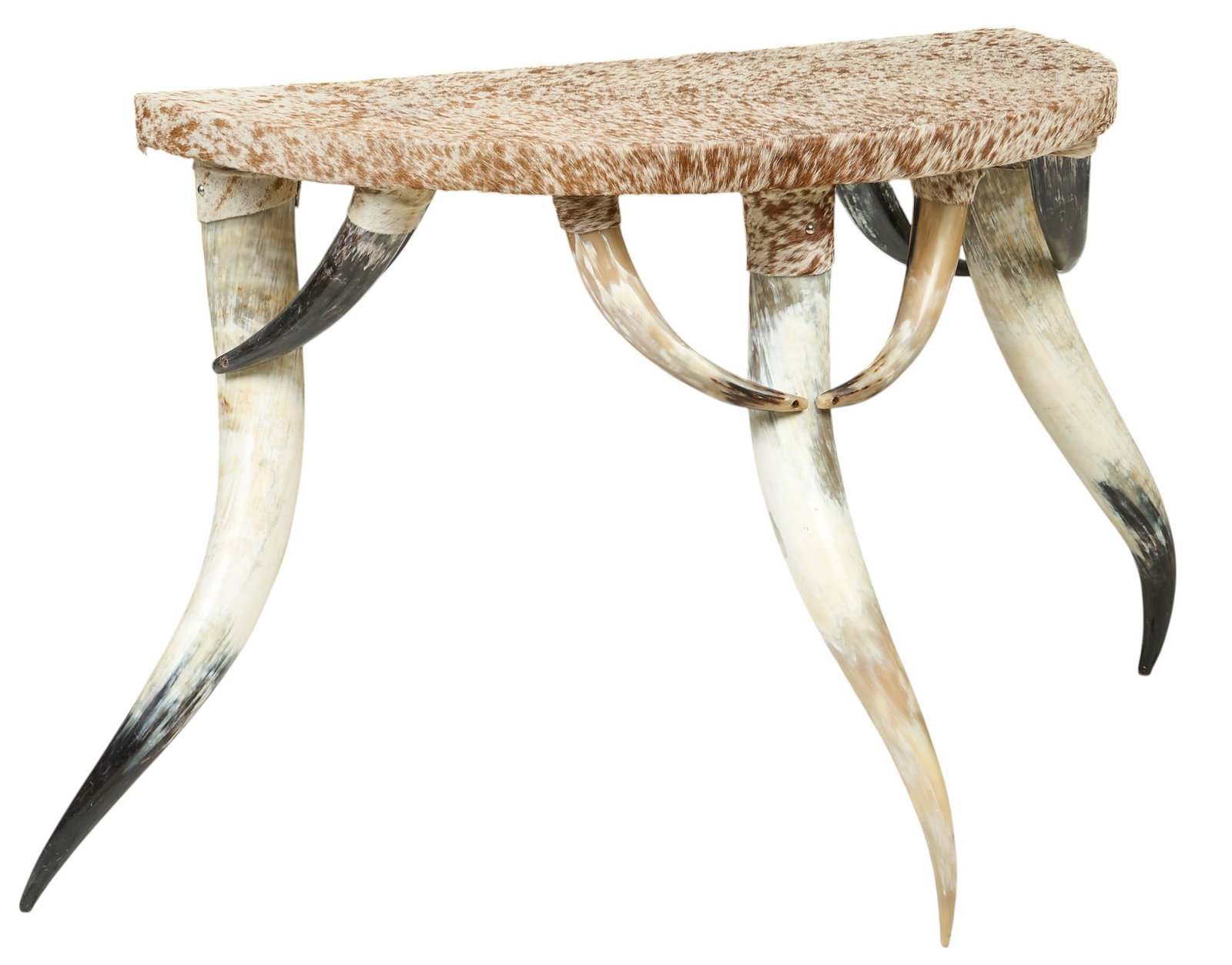 Steer Horn Demilune Table: Ranch style demilune table with hair on hide upholstery, supported on steer horn legs height 30 in. x width 56 in. x depth 25 in. Provenance: Property from a home in San Antonio, Texas