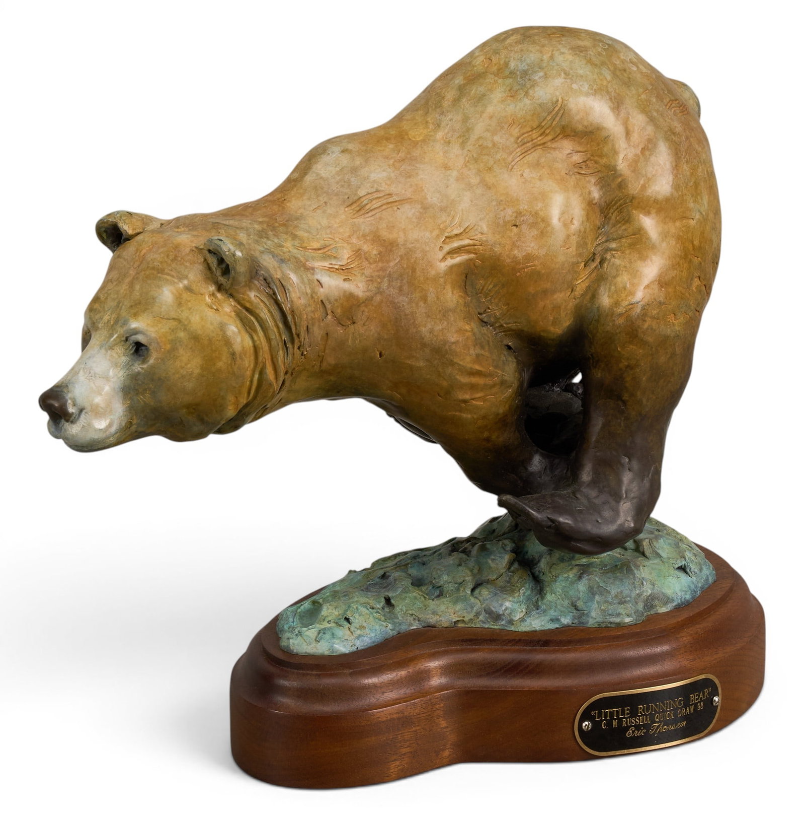 Eric Thorsen, "Little Running Bear": Eric Thorsen (Montana, b. 1967), "Little Running Bear", artist-cast bronze sculpture on wooden base, incised signature, edition number 2/30, "C. M. Russell Quick Draw '98"
