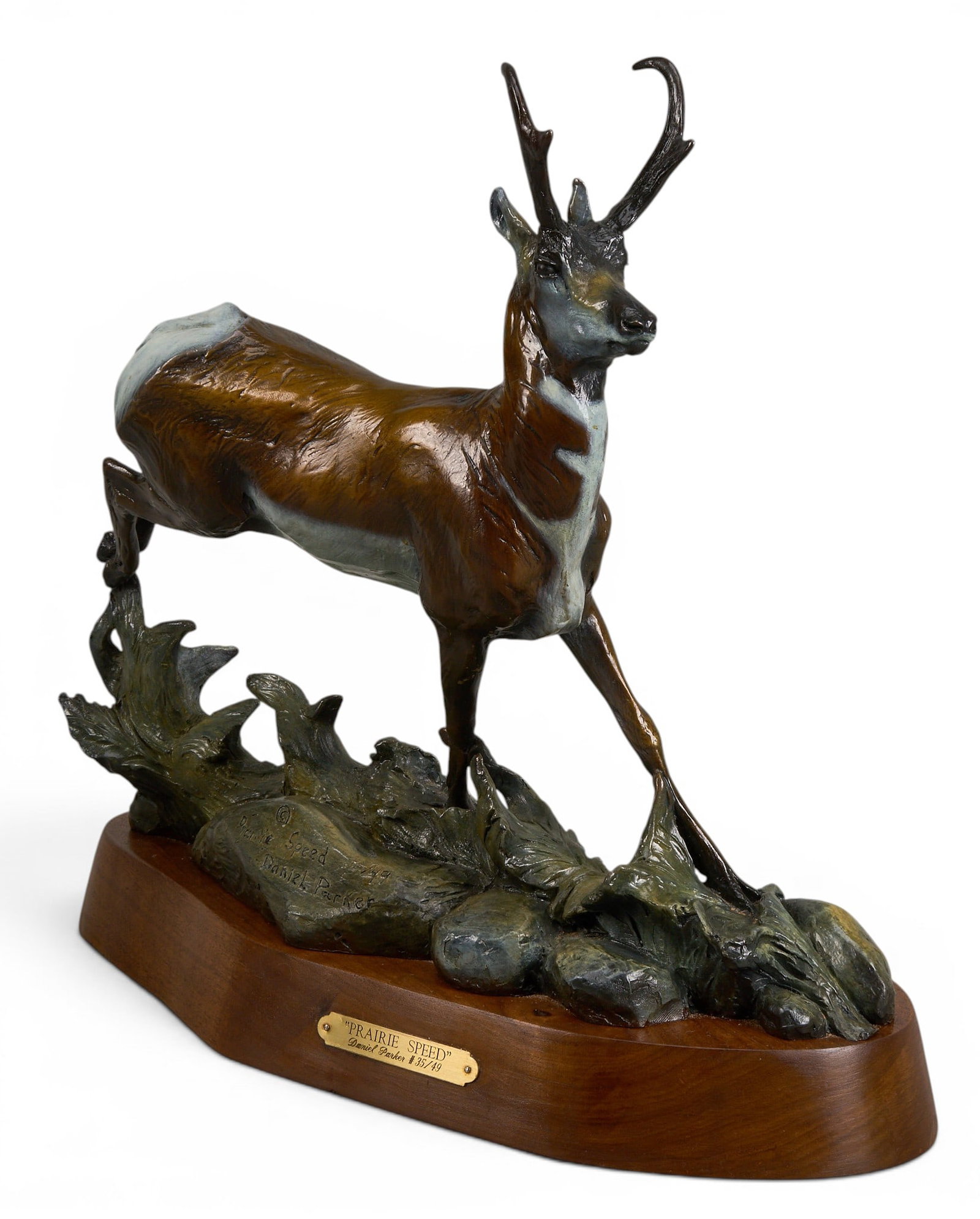 Daniel Parker, "Prairie Speed": Daniel Ray Parker (Amer., b. 1959), "Prairie Speed", artist-cast bronze sculpture on wooden base, incised signature, title, and edition number 35/49 height 15.5 in. x width 16 in. x depth 6