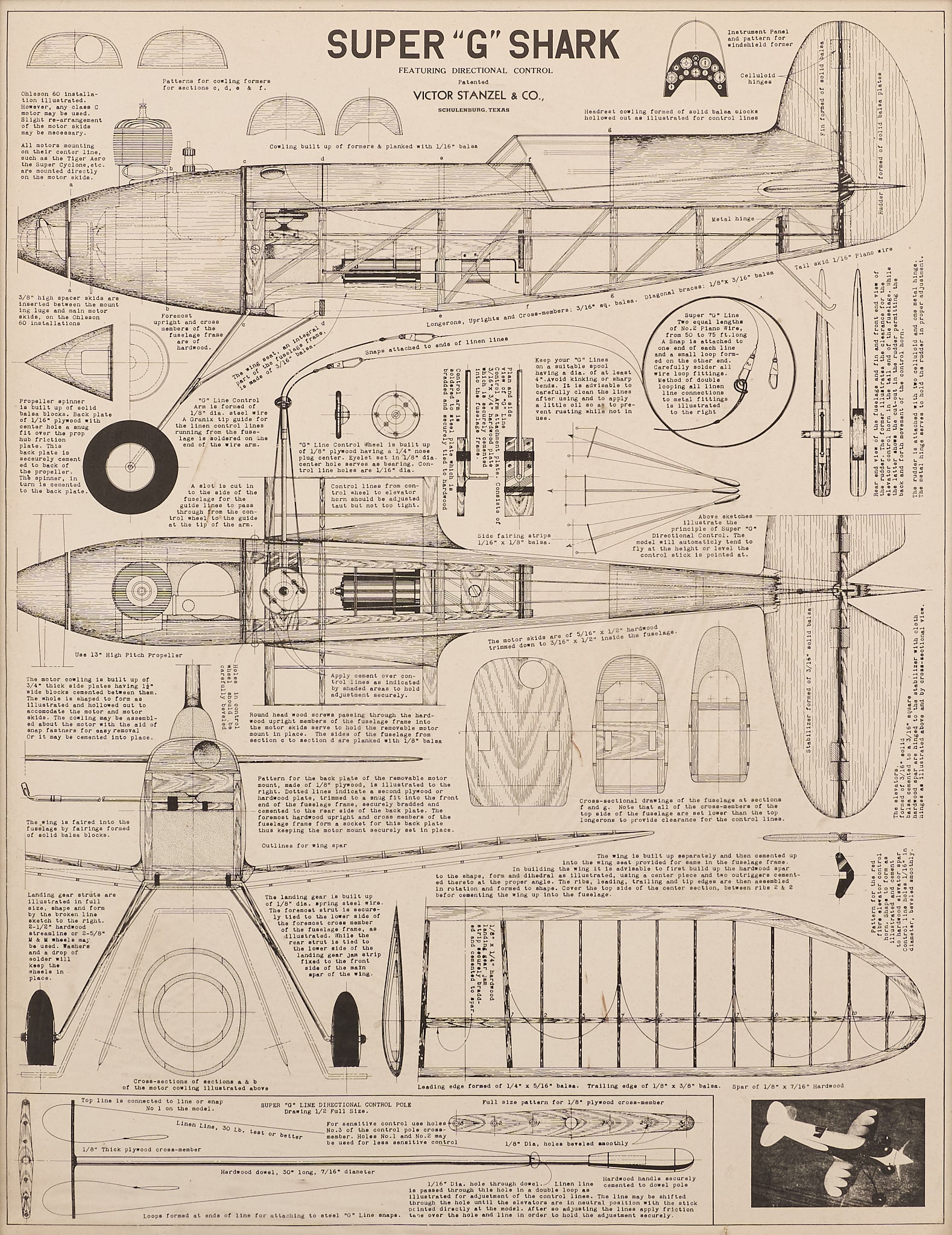 Super "G" Shark Model Plane Poster: Vintage framed "Super "G" Shark" model airplane poster featuring directional control, detailed diagrams and specifications, printed by Victor Stanzel & Co., Schulenb
