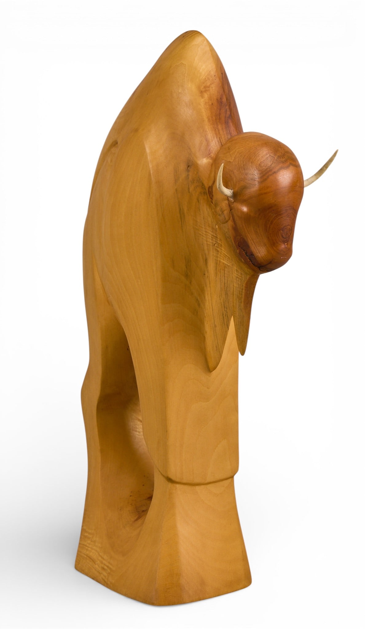 Dwain Freeman, Bison Sculpture, 1988: Dwain Freeman (Texas / New Mexico, 1950-2010), handcarved wood bison sculpture, incised signature and date, 1988; with one repaired crack to wood and restoration of one horn by Fegan Fine