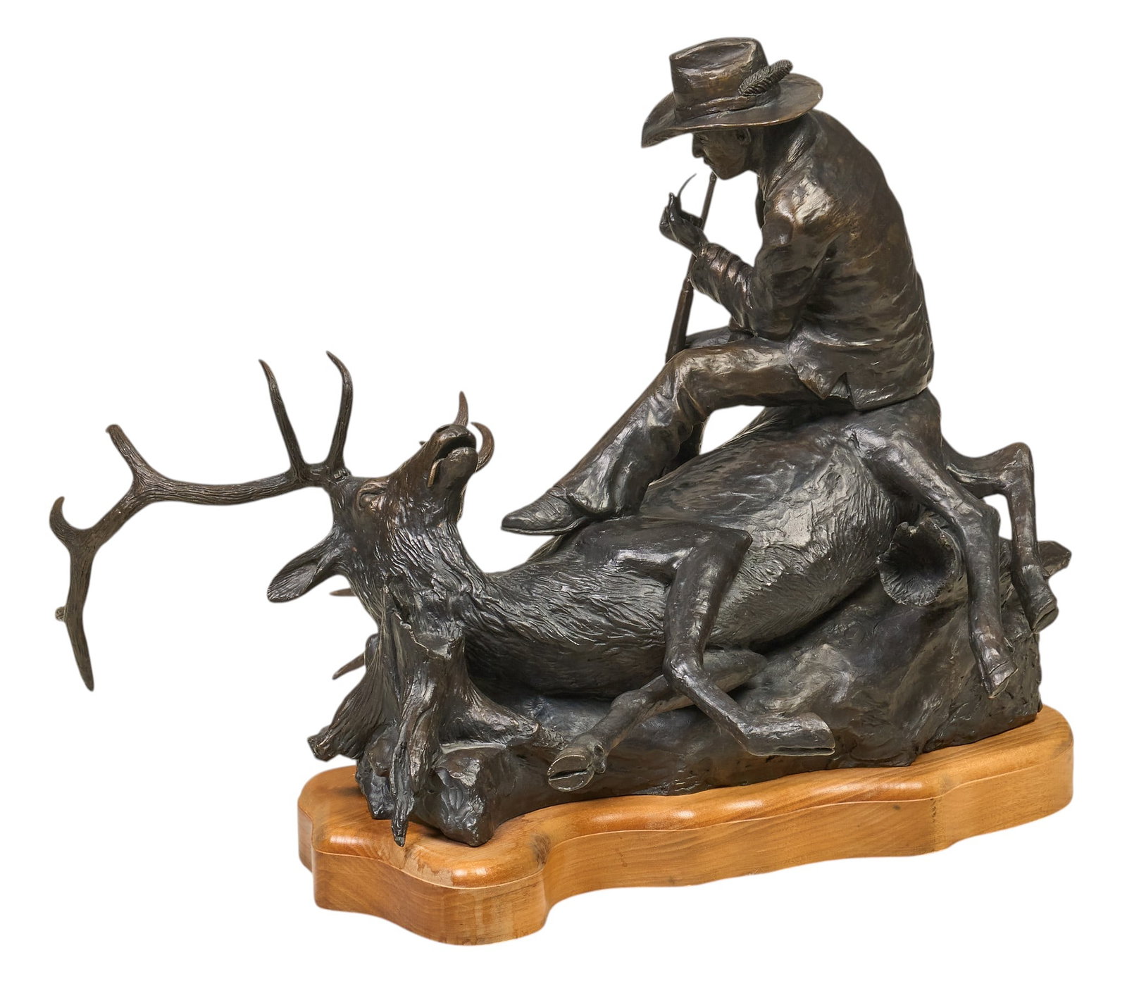 Jack Logozzo, "Lee's Bull": Jack Logozzo (Montana, b. 1948), "Lee's Bull", sportsman with bull elk, artist-cast bronze sculpture on wooden base, incised signature and date, 1978 height 19 in. x width 24 in. x 