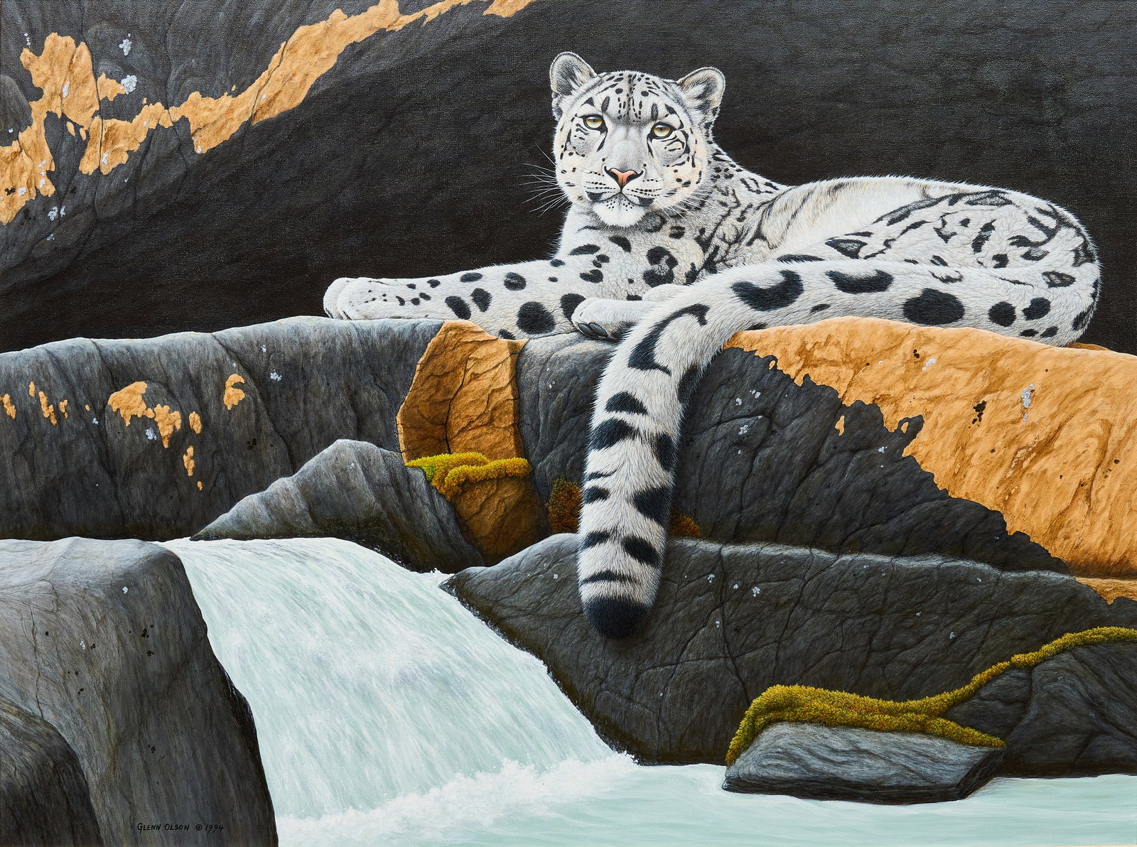 Glenn Olson, "Highland Prince": Glenn Olson (Canada, b. 1945), "Highland Prince", lounging snow leopard, acrylic on canvas, signed and dated lower left, 1994, with inscription on the verso by the artist, "Delivered