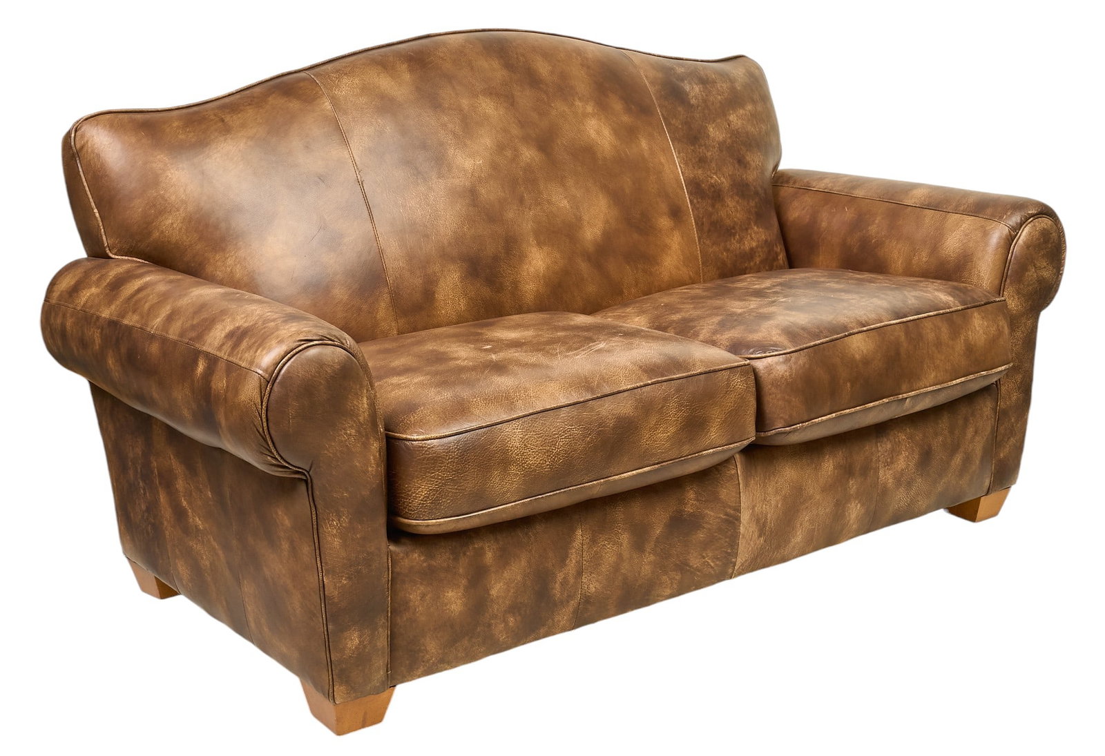 Leather Sofa: Camelback leather sofa supported on wooden block legs height 39 in. x width 78 in. x depth 38 in. Provenance: Property from the Estate of Robert A. "Bob" Funk Sr. - trailblazing Americ