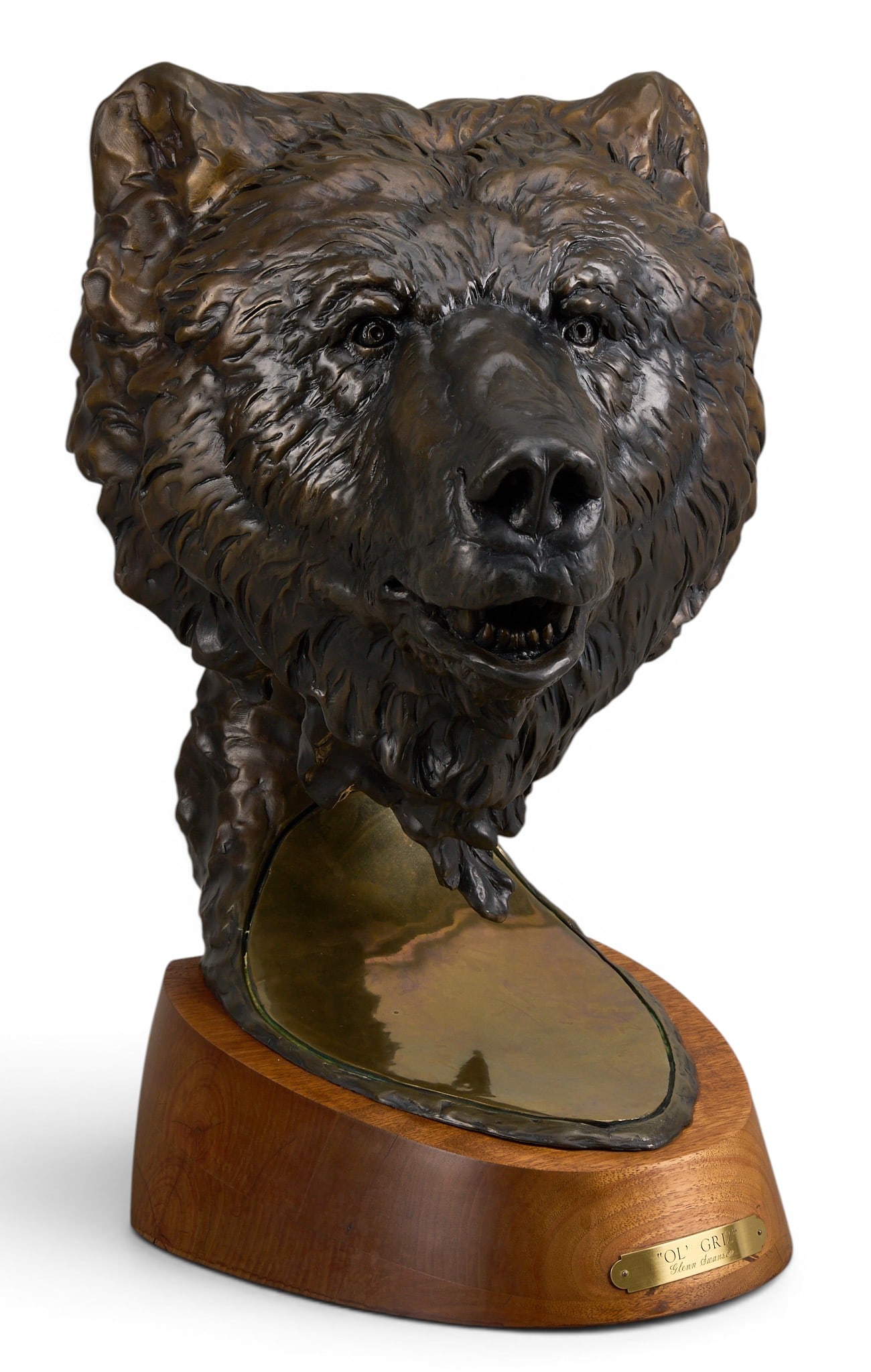 Glenn Swanson, "Ol' Griz": Glenn Swanson (Amer., b. 1951), "Ol’ Griz", artist-cast bronze sculpture on wooden base, incised signature height 21 in. x width 12 in. x depth 15 in. (including base)