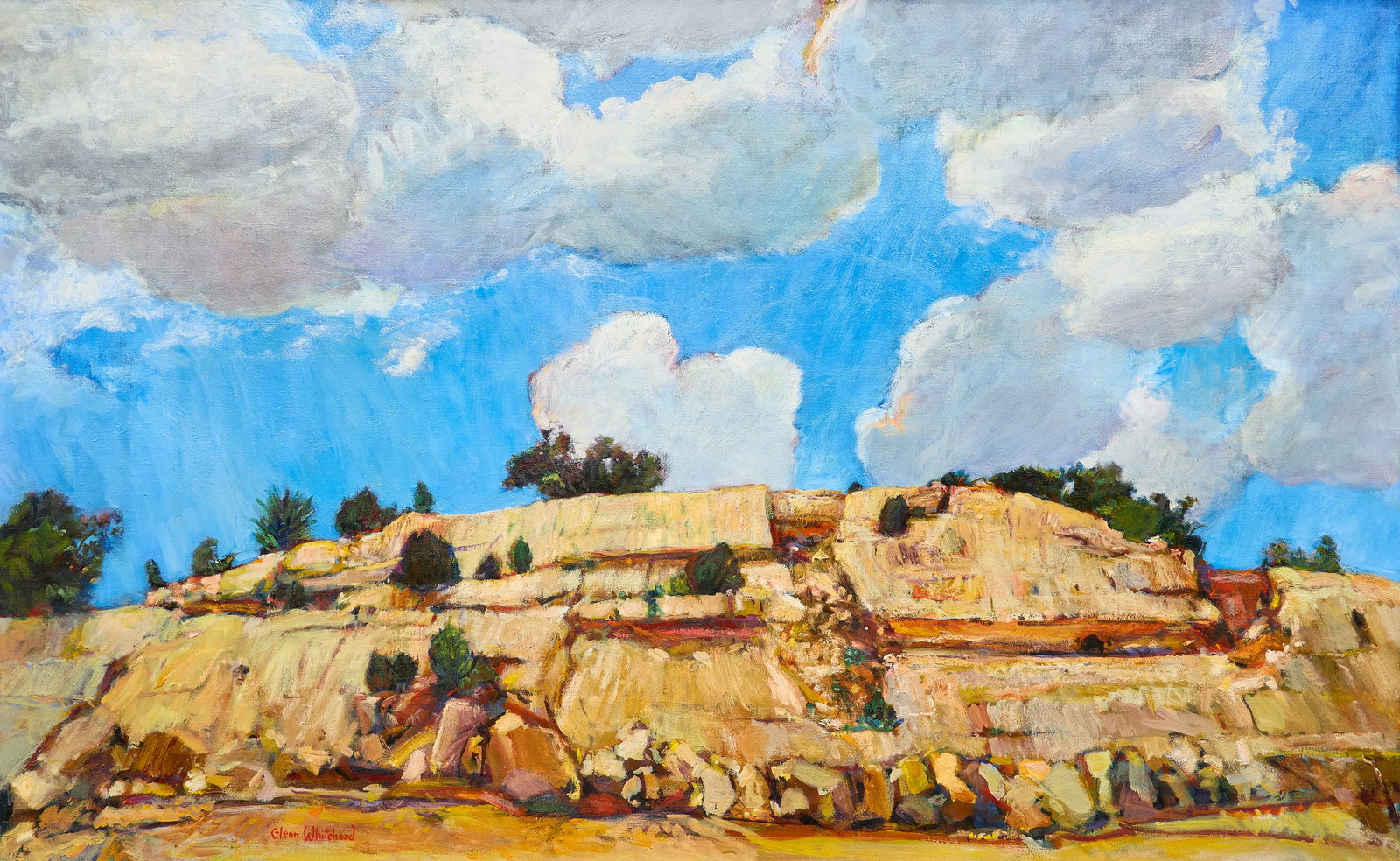 Glenn Whitehead, Landscape with Bluffs: Glenn Whitehead (Texas, b. 1940), dramatic Texas landscape with bluffs, oil on canvas, signed lower left sight: 44 x 72 in., frame: 47.5 x 75.5 in. Provenance: Property from a Plano, Texas