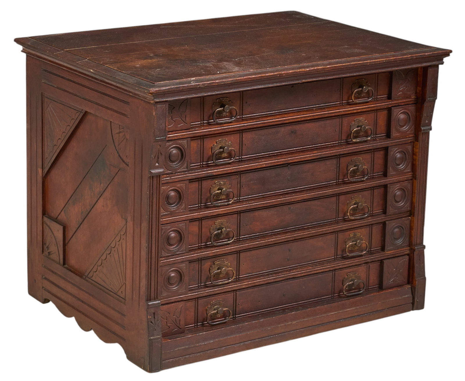 Antique Spool Cabinet: Antique spool cabinet with carved details, circa late 19th century height 20 in. x width 26 in. x depth 19 in. Provenance: Property from a home in San Antonio, Texas