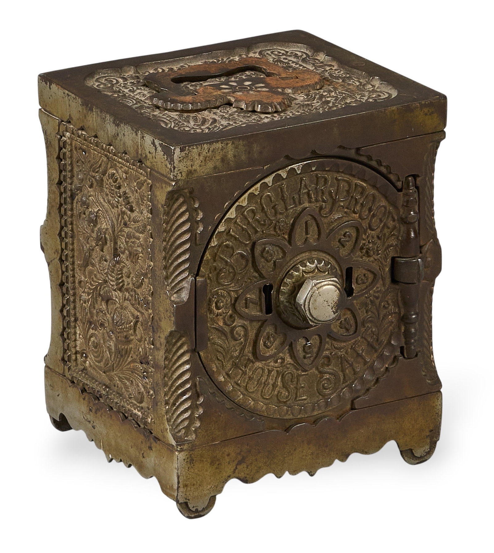 Cast Iron Safe: J. & E. Stevens "Burglar Proof" cast iron bank, circa late 19th century height 6 in. x width 5 in. x depth 4.5 in. Provenance: Property from a home in San Antonio, Texas