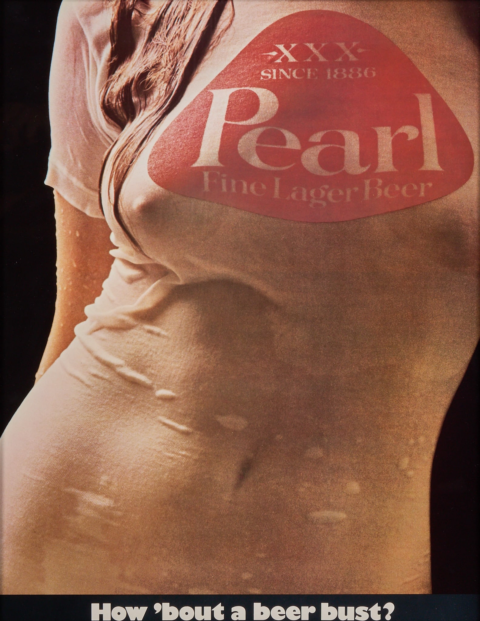 Pearl Beer, Wet T-Shirt Poster, 1975: Framed original 1975 Pearl Beer wet t-shirt poster height 23 in. x width 18.5 in. x depth 1 in. Provenance: Property from a home in Seguin, Texas 