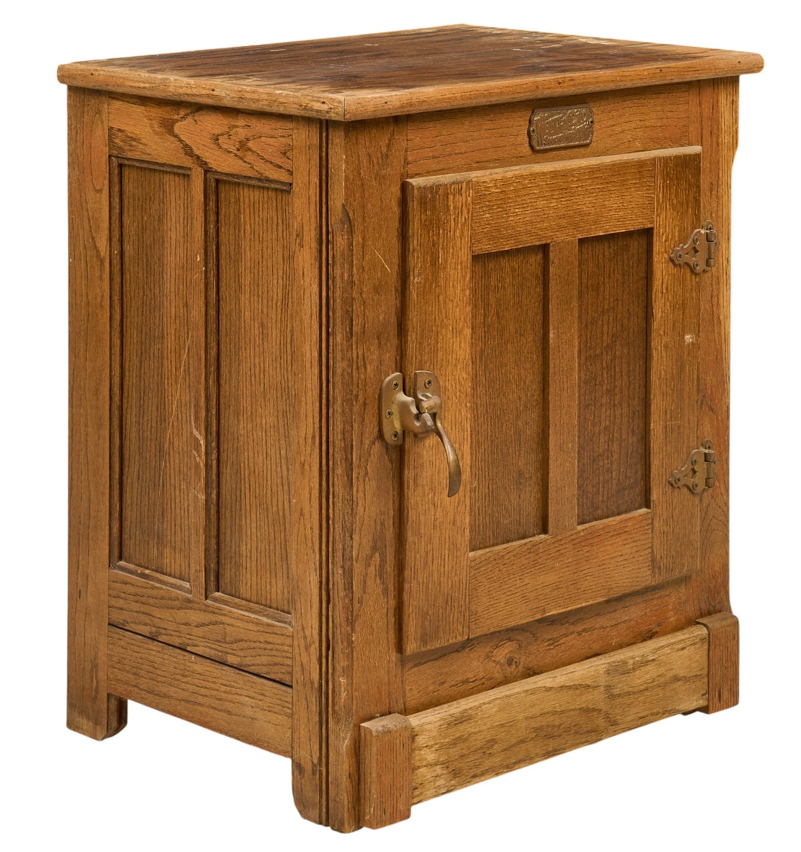 Antique Wooden Ice Box: Antique wooden ice box, with a single door, brass hardware, and a metal latch height 25 in. x width 18 in. x depth 10 in. Provenance: Property from a home in San Antonio, Texas