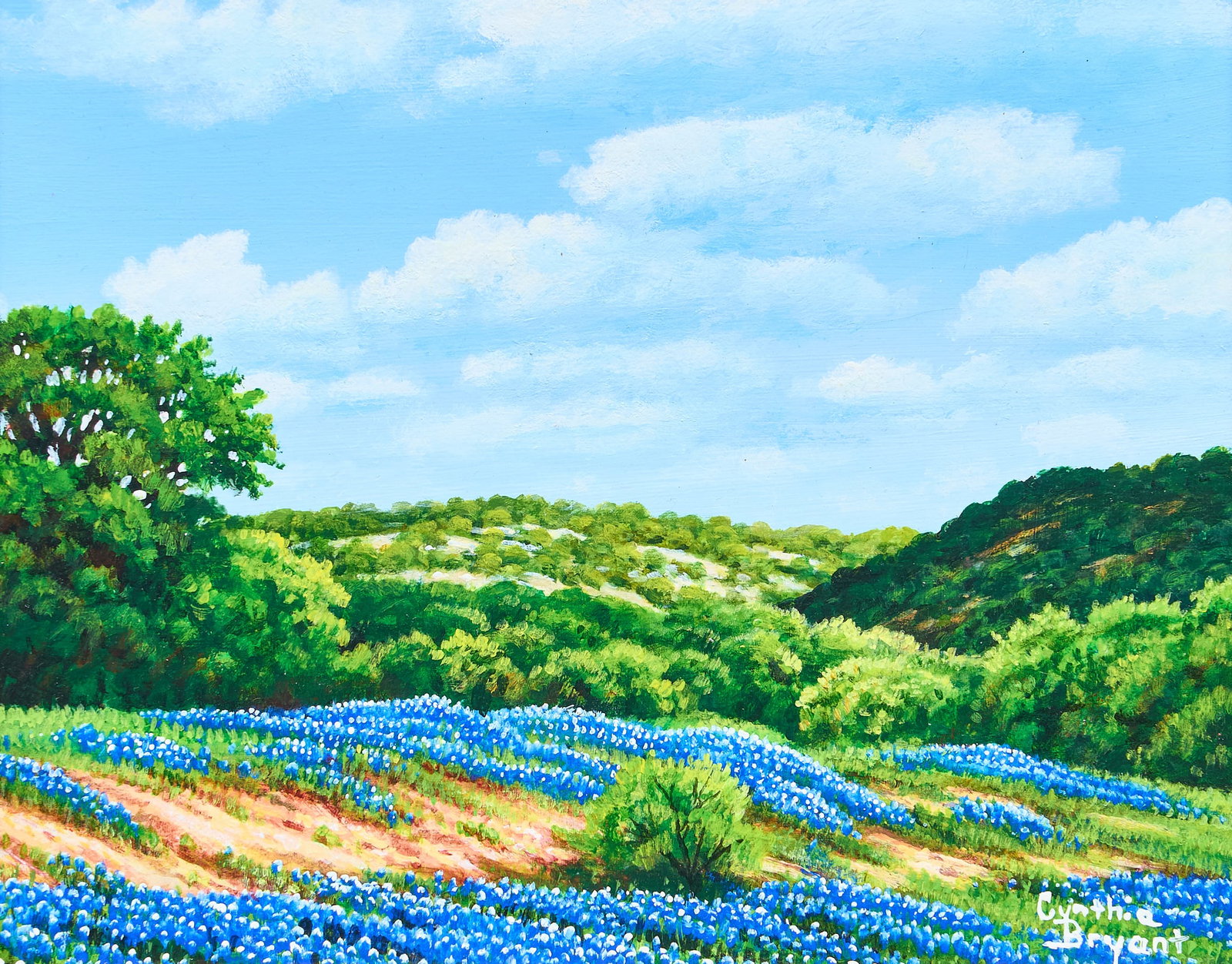Cynthia Bryant, "Spring Attraction": Cynthia Bryant (Texas, 20th-21st C.), "Spring Attraction", oil on masonite, signed lower right, signed and titled on the verso sight: 8 x 10 in., frame: 14.5 x 16.5 in.