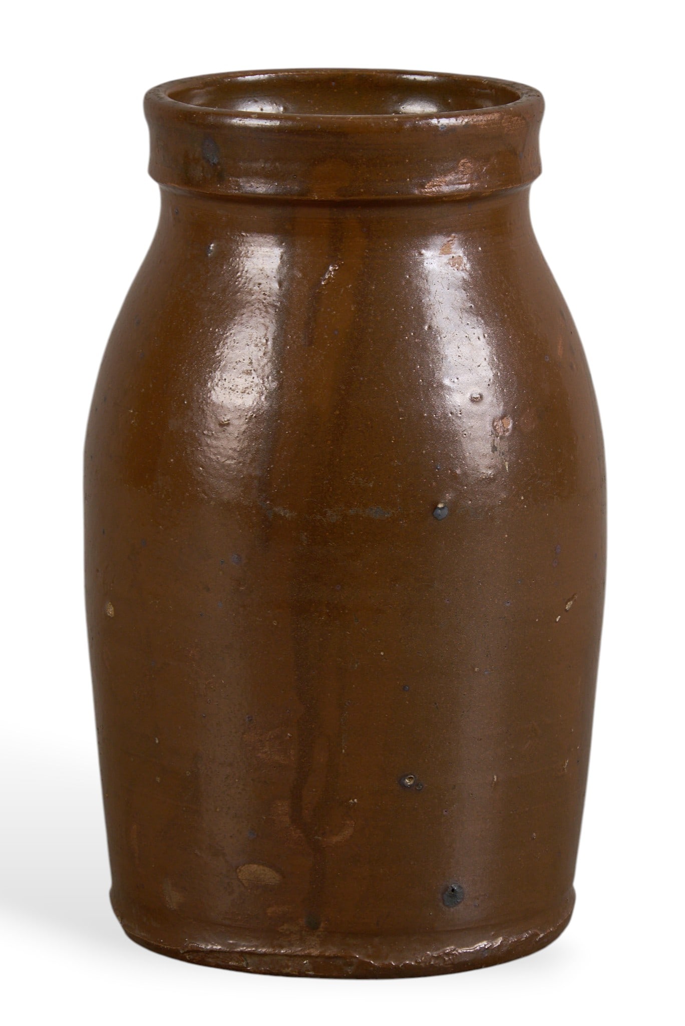 Attributed to John Leopard, 1 Gallon Slip Glazed Stoneware Jar: Attributed to John Leopard, one gallon early Texas stoneware jar, with slip glaze height 11 in. x width 6 in. x depth 6 in. Provenance: Property from a home in Glen Ridge, New Jersey