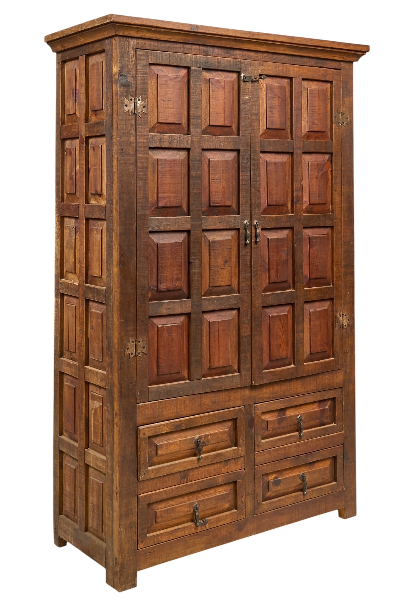 Spanish Colonial Style Cabinet: Rustic Spanish Colonial style cabinet with cabinet with wine bottle storage above drawers, and iron hardware height 79.5 in. x width 50 in. x depth 23 in. Provenance: Property from a home in