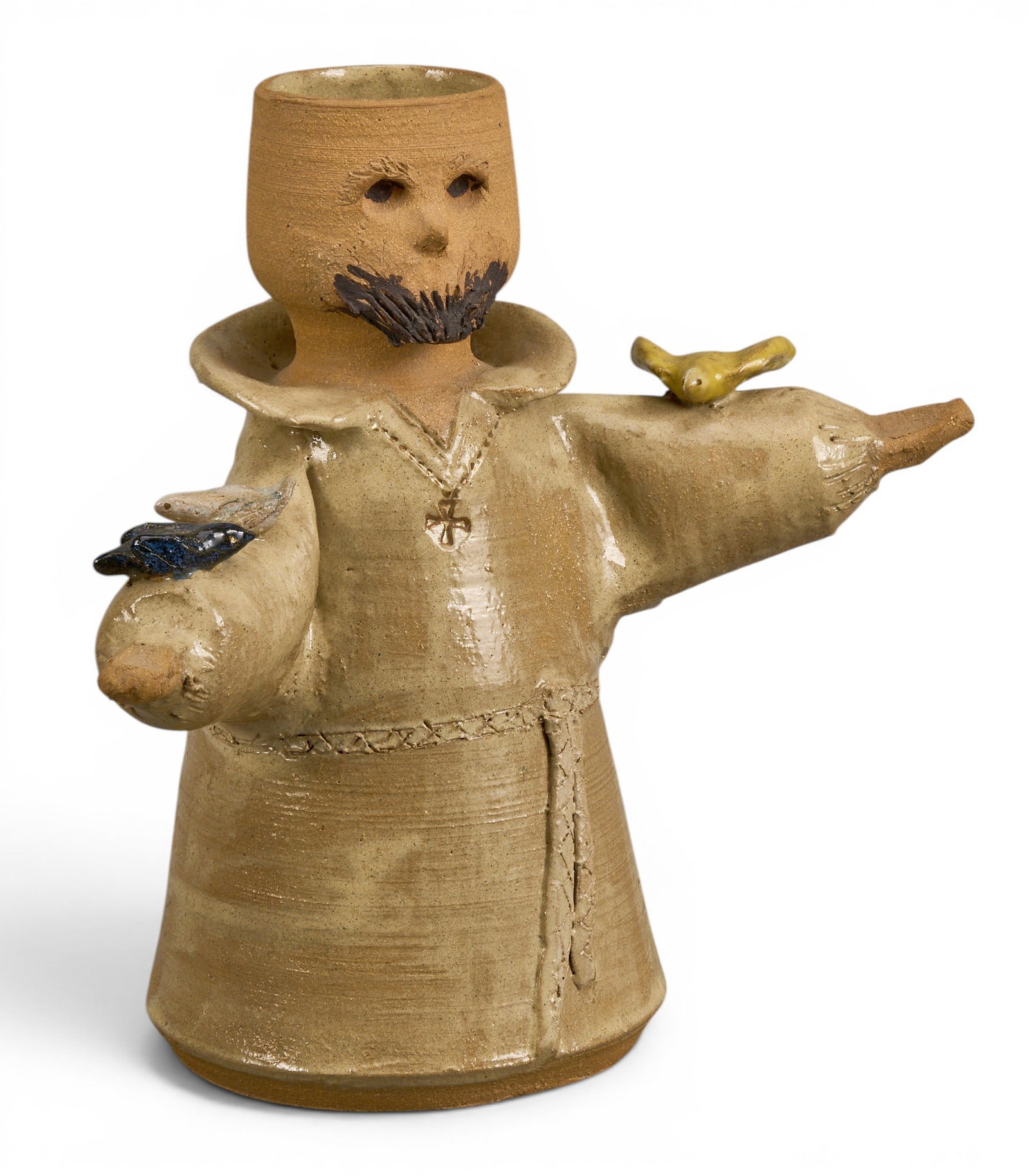 Nancy Pawel, St. Francis of Assisi: Nancy Emma Ray Pawel (Texas / Massachusetts, 1928-2021), hand-built pottery sculpture of St. Francis of Assisi, incised signature along lower edge, and again on underside height 11.5 in. x width 12