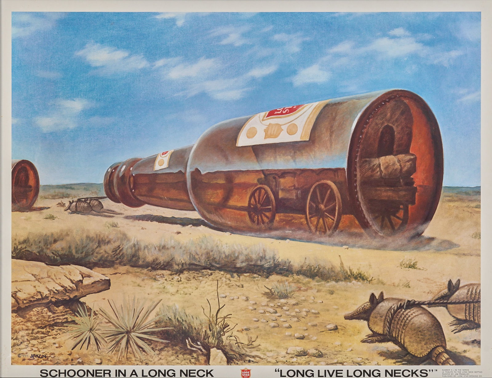 Lone Star Beer Schooner In a Long Neck Poster, 1975: Framed original 1975 Lone Star Beer Schooner in a Long Neck poster by Jim Franklin (Austin, Texas) height 25.5 in. x width 33 in. x depth 1 in. Provenance: Property from a home in Seguin,