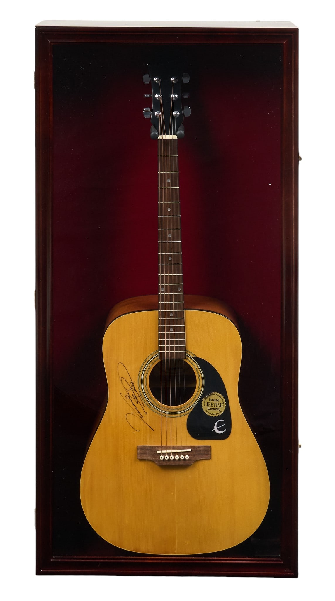 Framed Epiphone Guitar: Ephiphone guitar, signed illegibly, in shadowbox display height 45 in. x width 21.5 in. x depth 6 in. Provenance: Property from the Estate of Robert A. "Bob" Funk Sr. - trailblazing