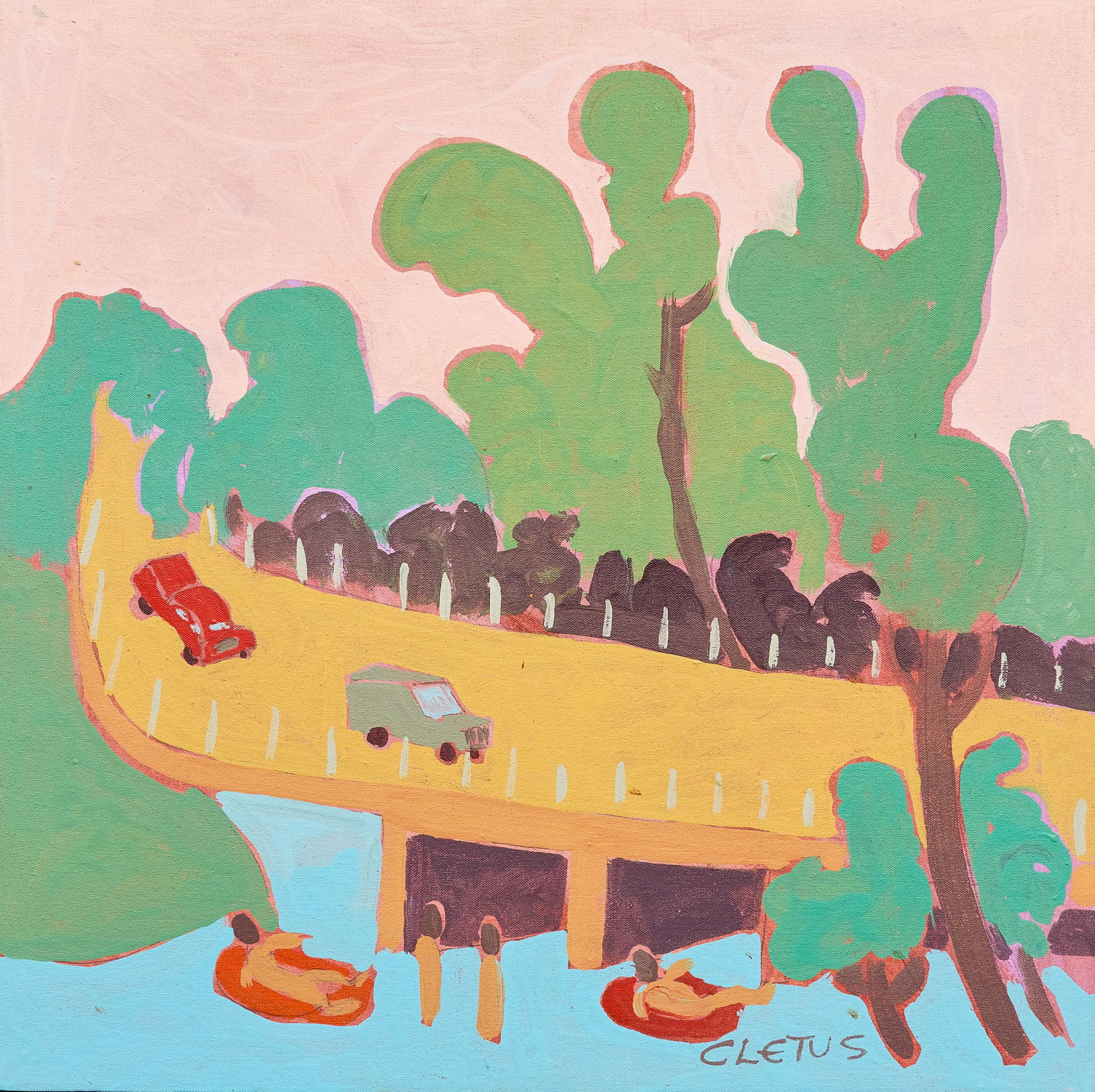 Brother Cletus Behlmann, Texas Tubing: Brother Cletus Behlmann (San Antonio, Texas, 1933-2016), view of folks tubing on the Comal River in New Braunfels, acrylic on canvas, wrapped and stapled to wooden panel, signed lower right size: