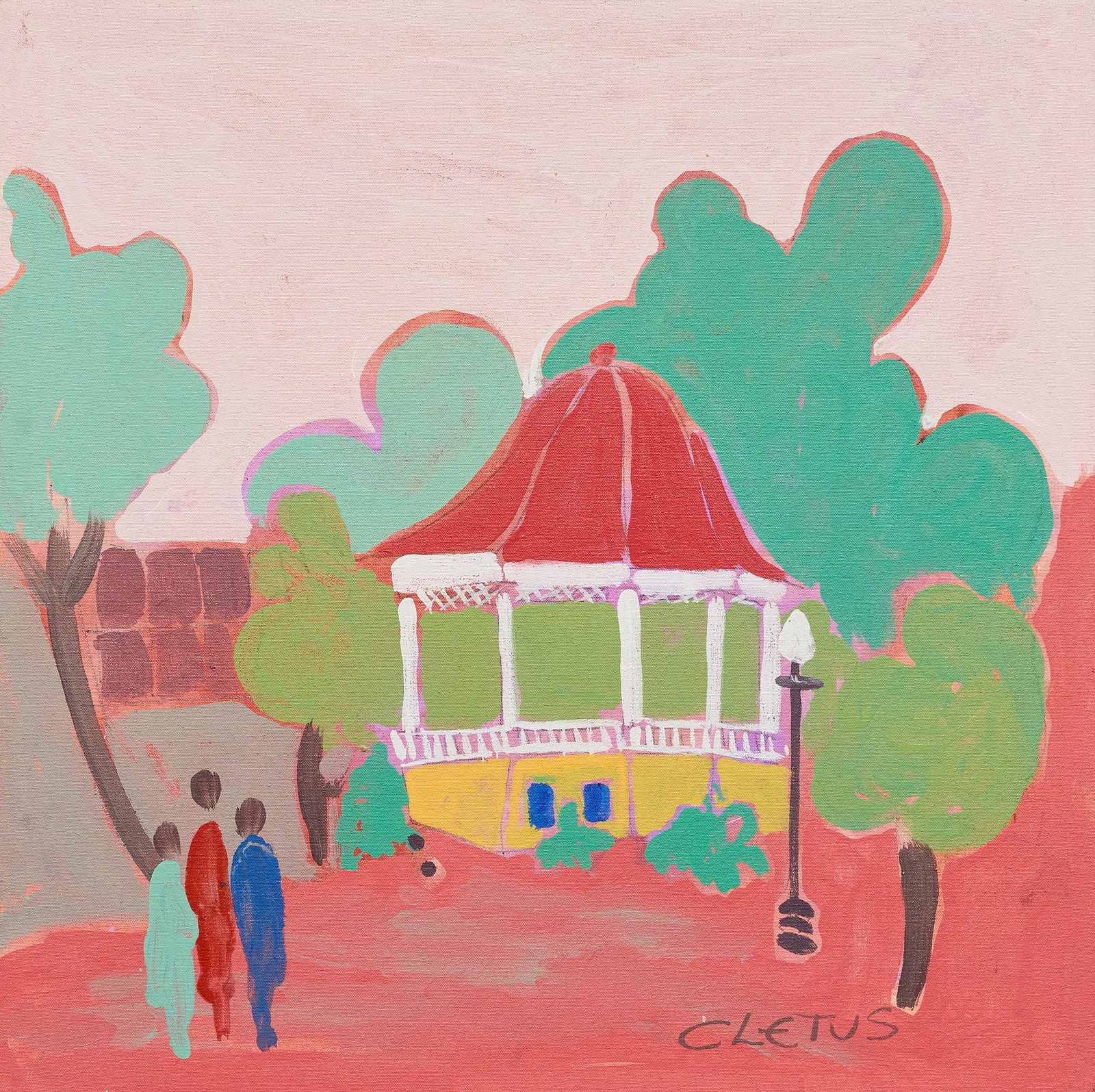 Brother Cletus Behlmann, New Braunfels Bandstand: Brother Cletus Behlmann (San Antonio, Texas, 1933-2016), historic bandstand on Main Plaza in New Braunfels, Texas, acrylic on canvas, wrapped and stapled to wooden panel, signed lower right