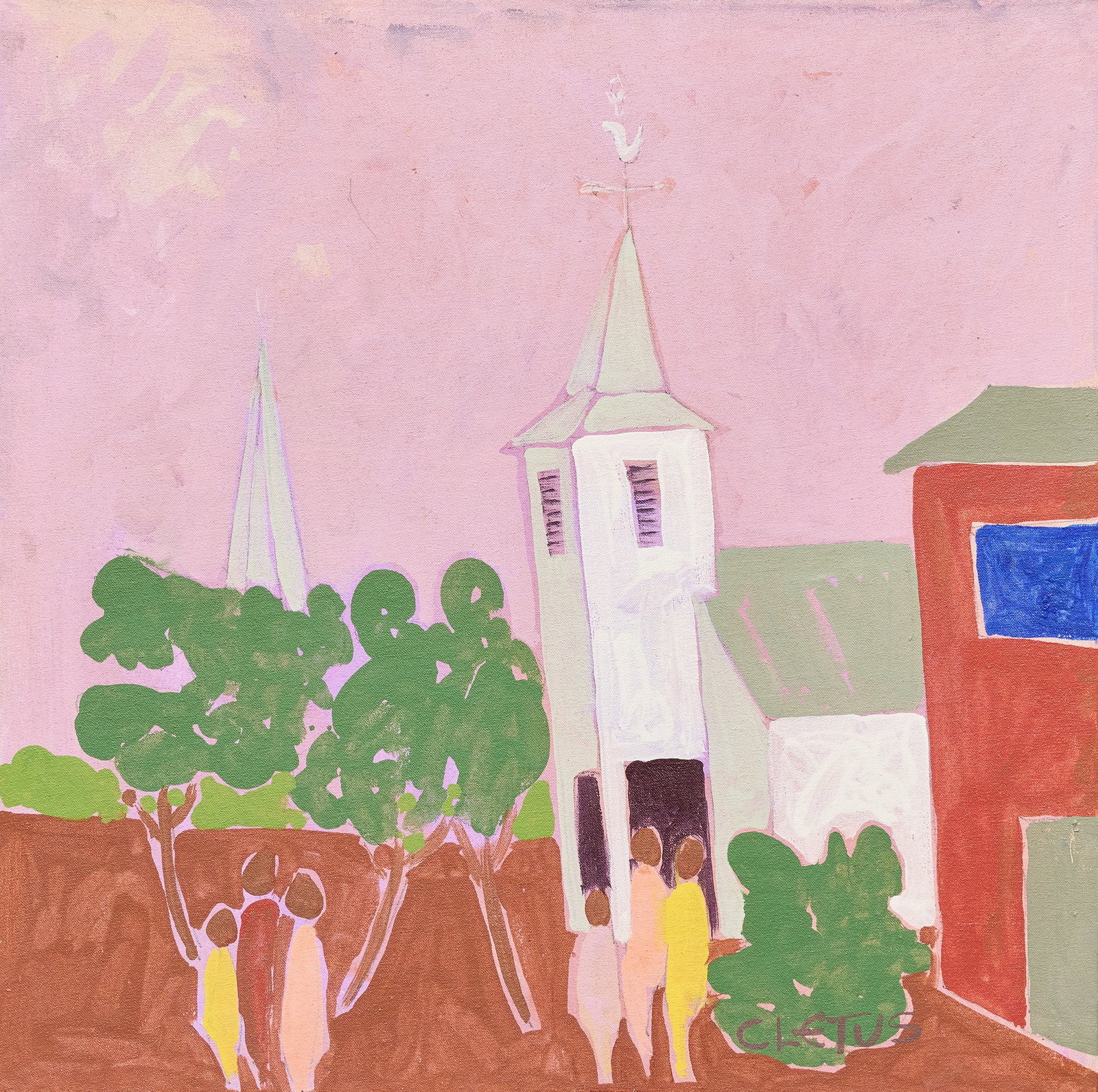 Brother Cletus Behlmann, St. Martin's Church: Brother Cletus Behlmann (San Antonio, Texas, 1933-2016), St. Martin's Lutheran Church in New Braunfels, Texas, acrylic on canvas, wrapped and stapled to wooden panel, signed lower right
