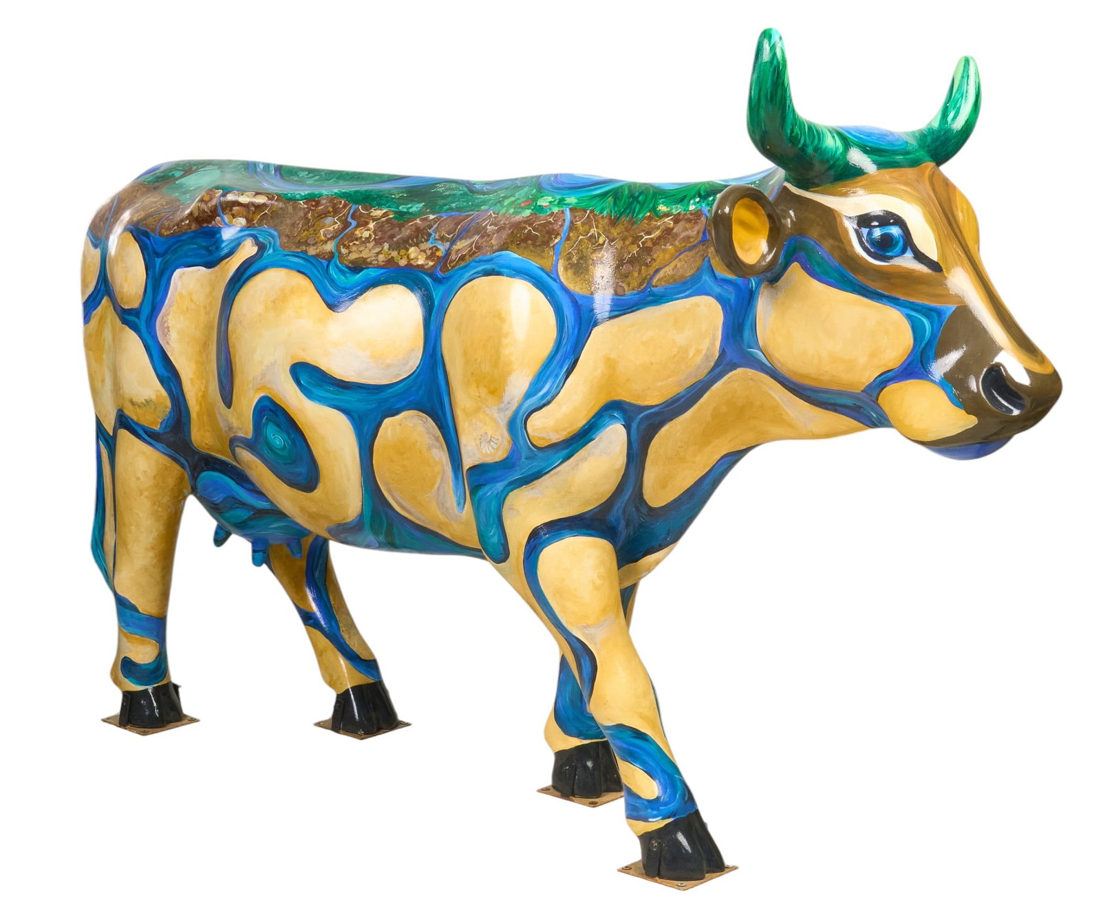 Edwards Aquifer Cow Sculpture: Barbara Hand, "Edward the Aquifer Cow", full-size fiberglass cow, created as part of CowParade San Antonio 2025, with a hand-painted design portraying a tribute to the South Texas Edward's Aquifer