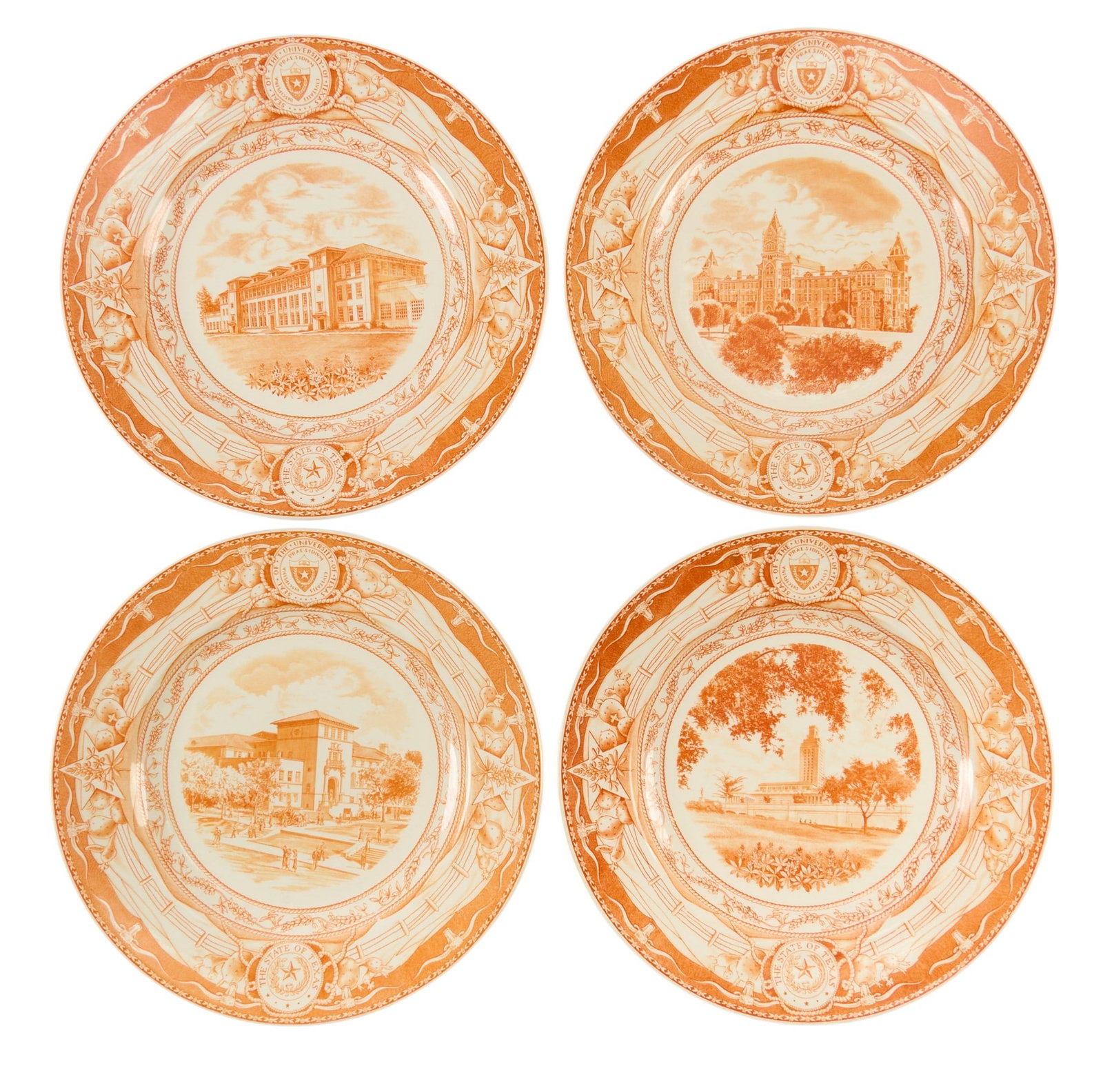 (4) Wedgwood UT Commemorative Plates: Set of four Wedgwood University of Texas at Austin commemorative plates, burnt orange transfer on white background, to include "New Administration Building", "Students Buildi
