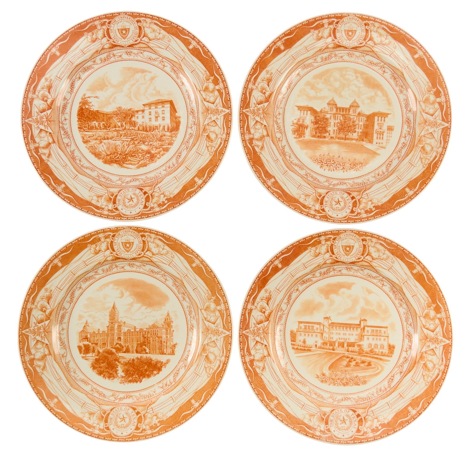 (4) Wedgwood UT Commemorative Plates: Set of four Wedgwood University of Texas at Austin commemorative plates, burnt orange transfer on white background, to include "Brackenridge Hall 1890-1899", "The Old Main Bu