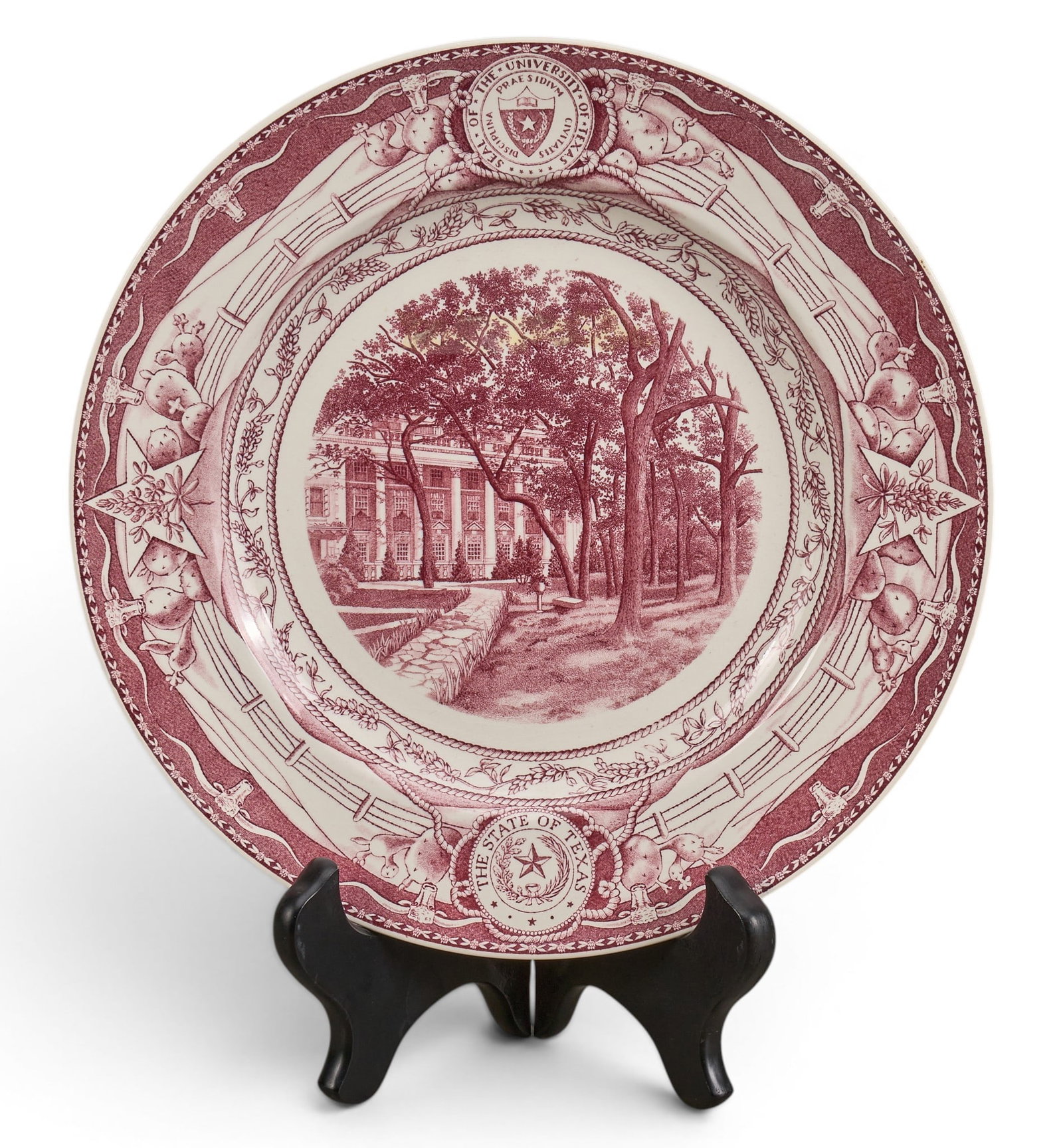 Wedgwood, UT Commemorative Plate: Wedgwood University of Texas at Austin commemorative plate depicting the Scottish Rite Dormitory for Women, maroon transfer on white porcelain diameter 10.5 in. Provenance: Property from a home 