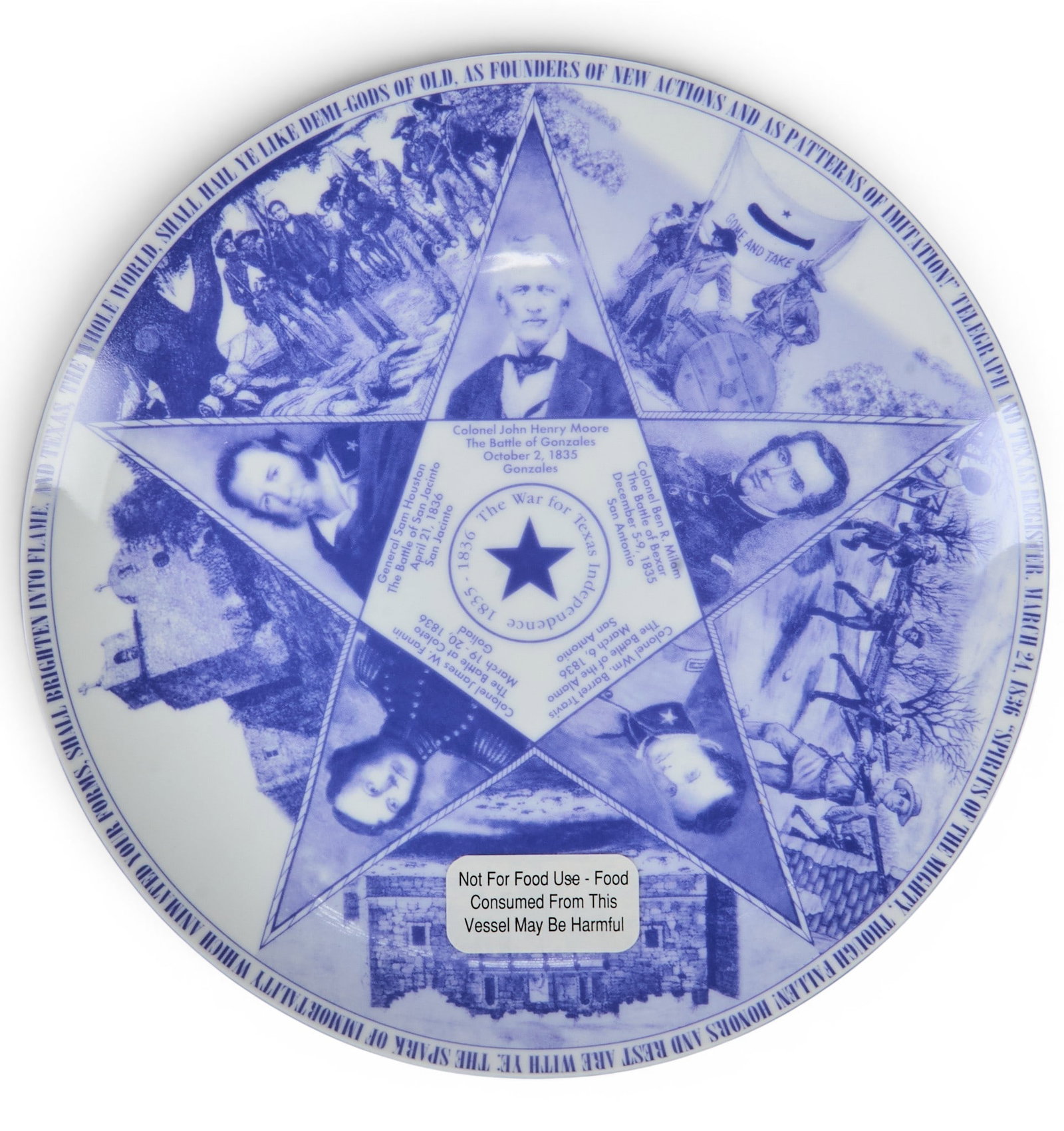 Daughters of the Republic of Texas Plate: Daughters of the Republic of Texas decorative plate commemorating the Star of Texas Independence, with historical illustrations, portraits, and text within a star motif diameter 10.5 in. Provenan