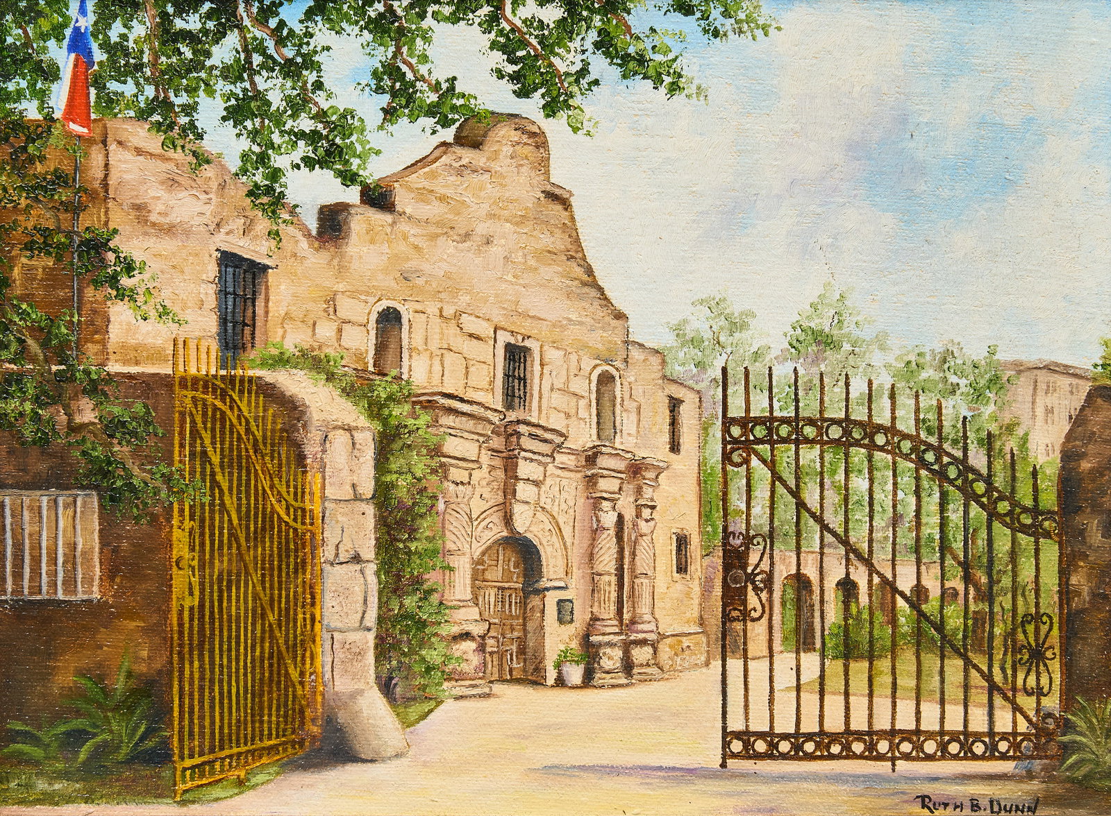 Ruth Dunn, The Alamo: Ruth Barrett Dunn (Texas, 1910-1994), The Alamo, oil on masonite, signed lower right, with artist's business card on the verso sight: 9 x 12 in., frame: 15.5 x 18.5 in. Provenance: Prope