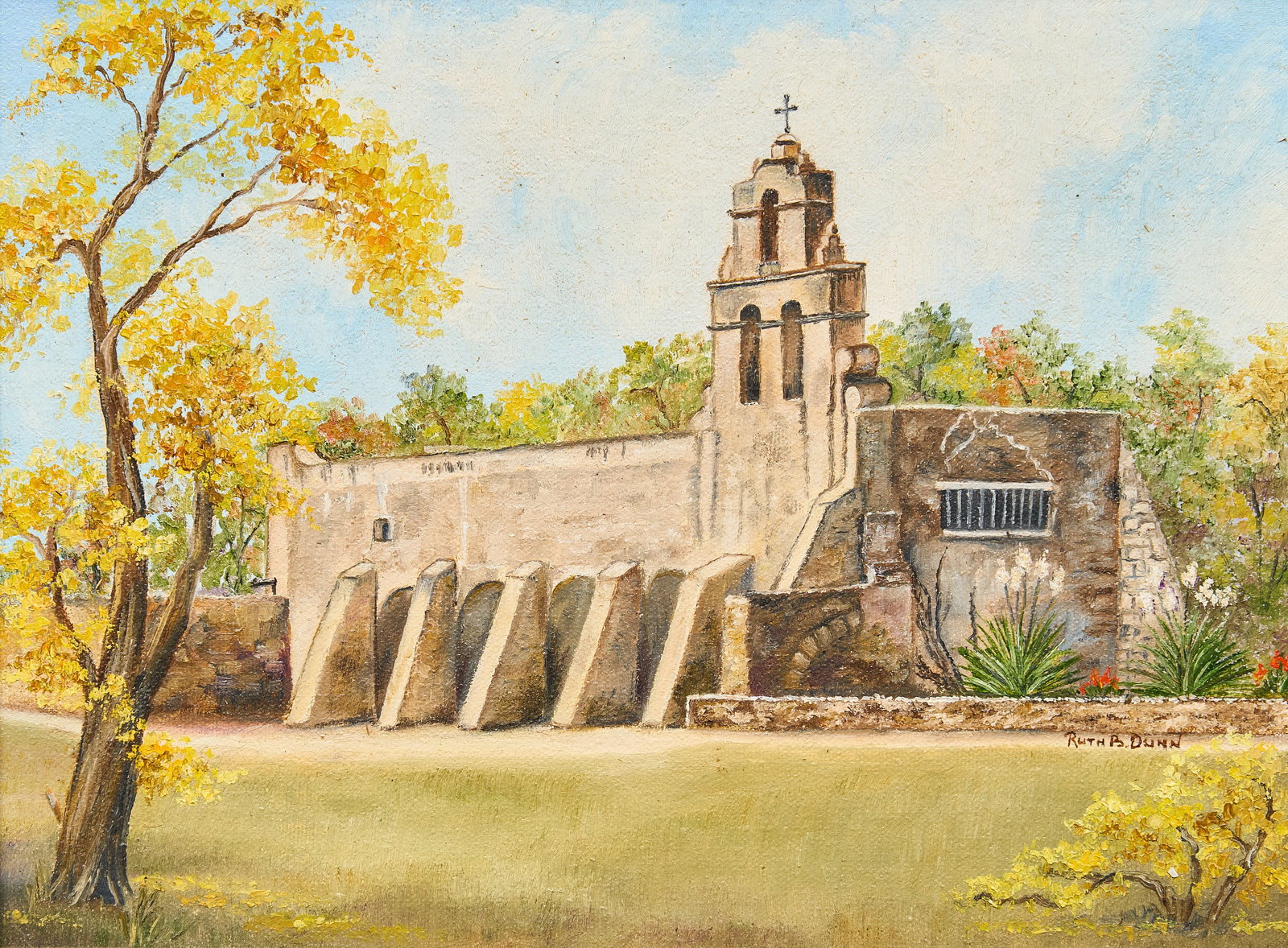 Ruth Dunn, Mission San Juan: Ruth Barrett Dunn (Texas, 1910-1994), Mission San Juan, oil on masonite, signed lower right, with artist's business card on the verso sight: 9 x 12 in., frame: 15.5 x 18.5 in. Provenance