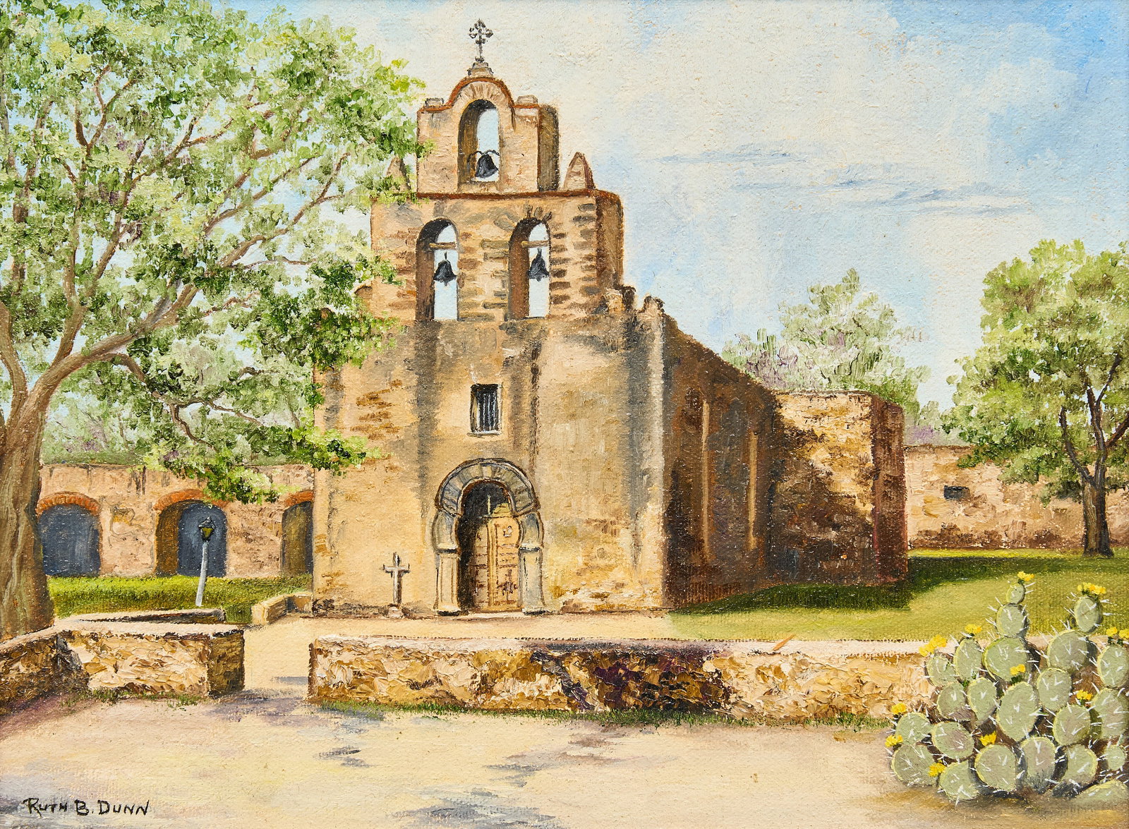 Ruth Dunn, Mission Espada: Ruth Barrett Dunn (Texas, 1910-1994), Mission Espada, oil on masonite, signed lower left, with artist's business card on the verso sight: 9 x 12 in., frame: 15.5 x 18.5 in. Provenance: P