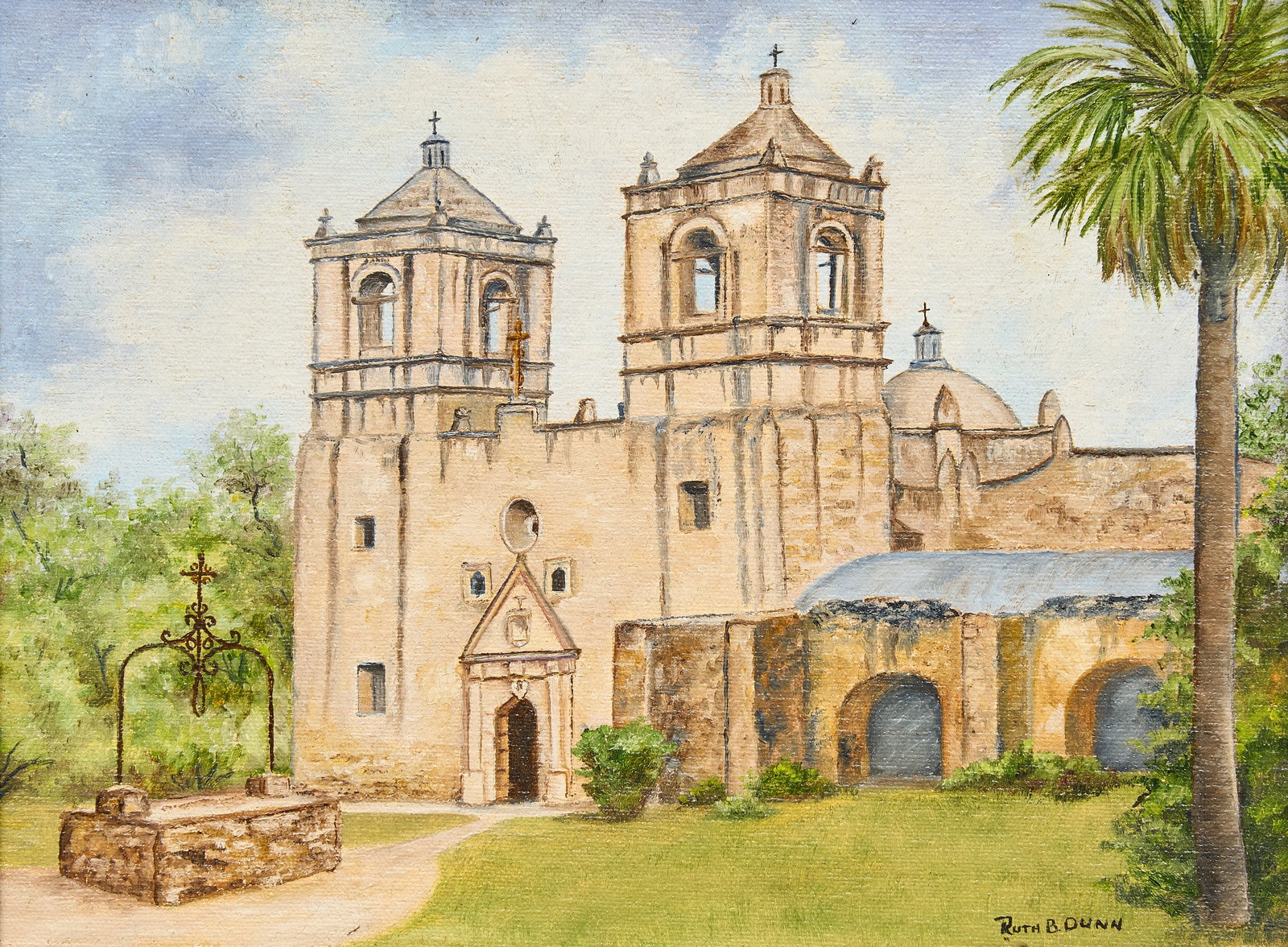 Ruth Dunn, Mission Concepcion: Ruth Barrett Dunn (Texas, 1910-1994), Mission Concepcion, oil on masonite, signed lower right, with artist's business card on the verso sight: 9 x 12 in., frame: 15.5 x 18.5 in. Provenan