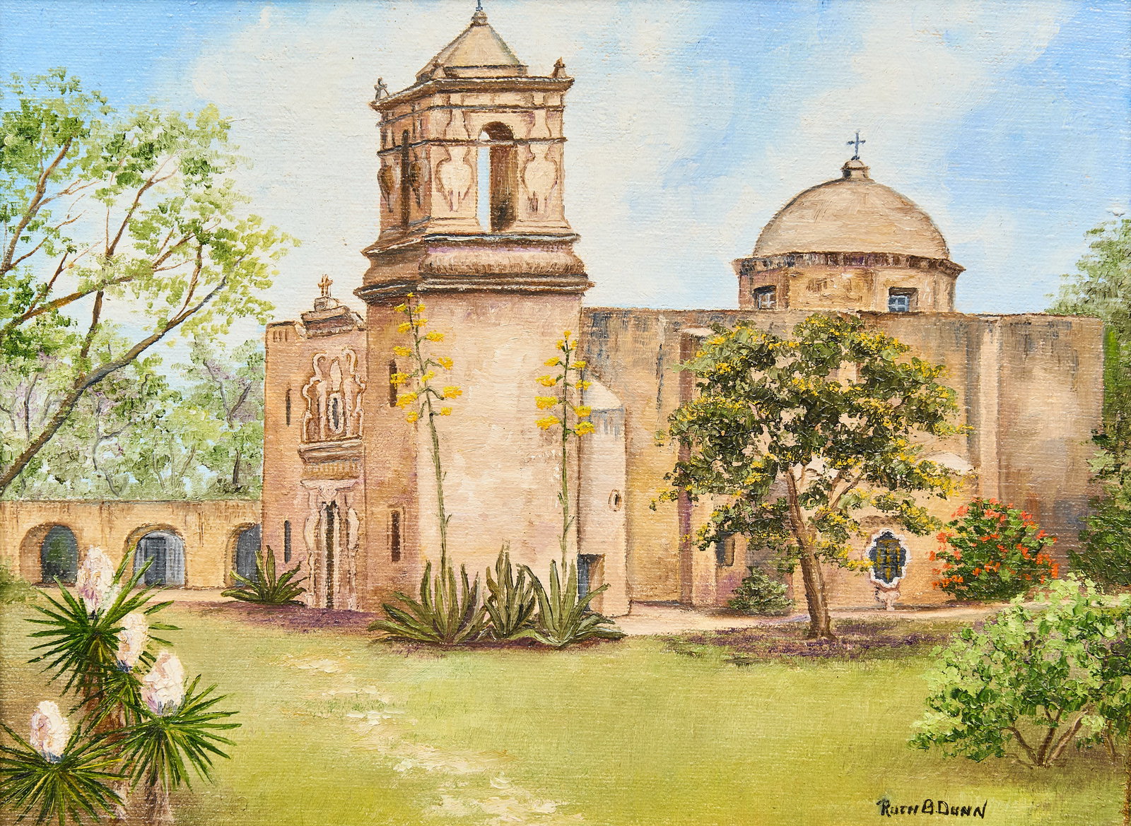 Ruth Dunn, Mission San Jose: Ruth Barrett Dunn (Texas, 1910-1994), Mission San Jose, oil on masonite, signed lower right, with artist's business card on the verso sight: 9 x 12 in., frame: 15.5 x 18.5 in. Provenance