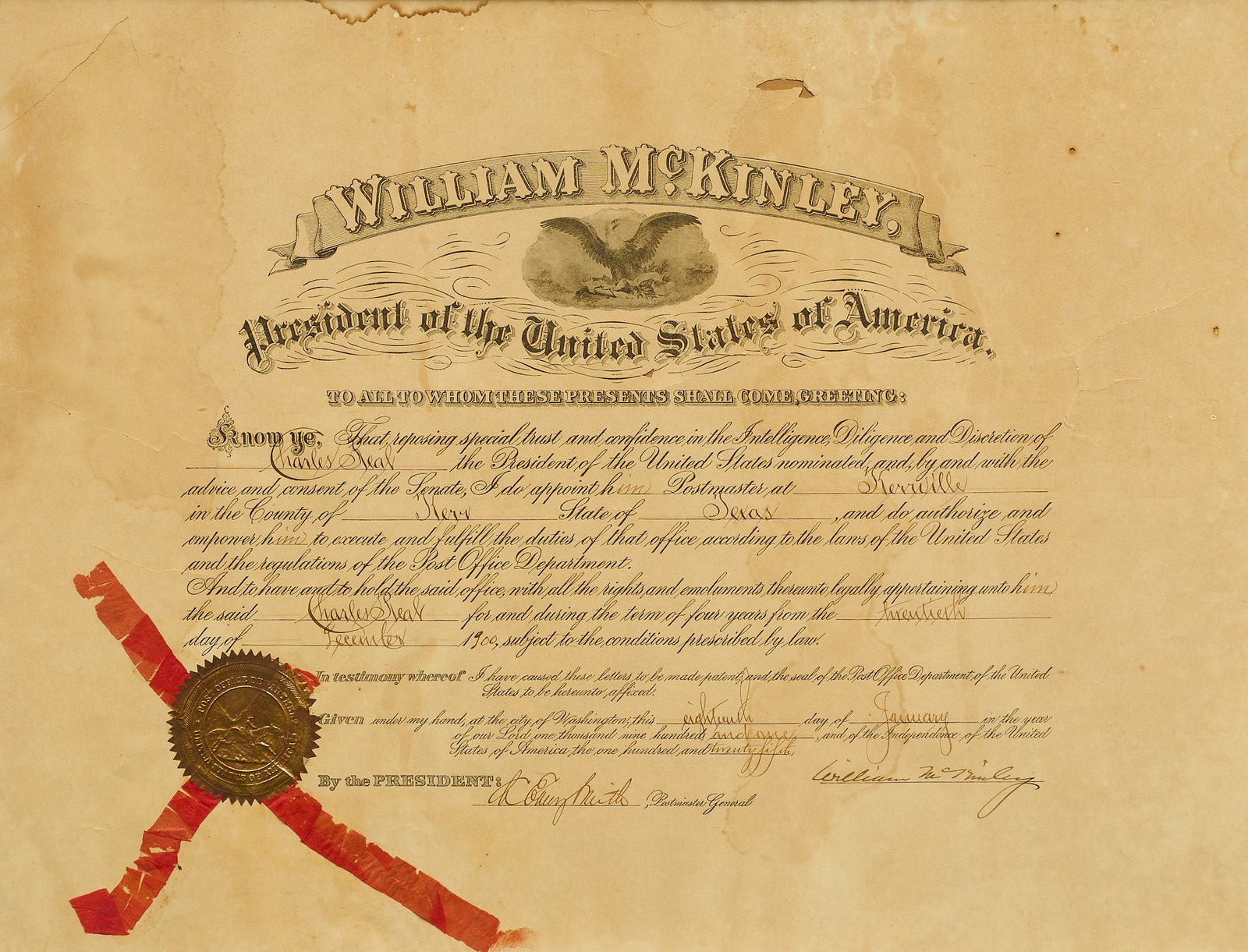 Presidential Appointment of Postmaster for Kerrville, TX: Presidential appointment document for the Postmaster of Kerrville, Texas, signed by President William McKinley, dated circa 1901 sight: 17 x 22 in., frame: 18.5 x 23.5 in. Provenance: Property f