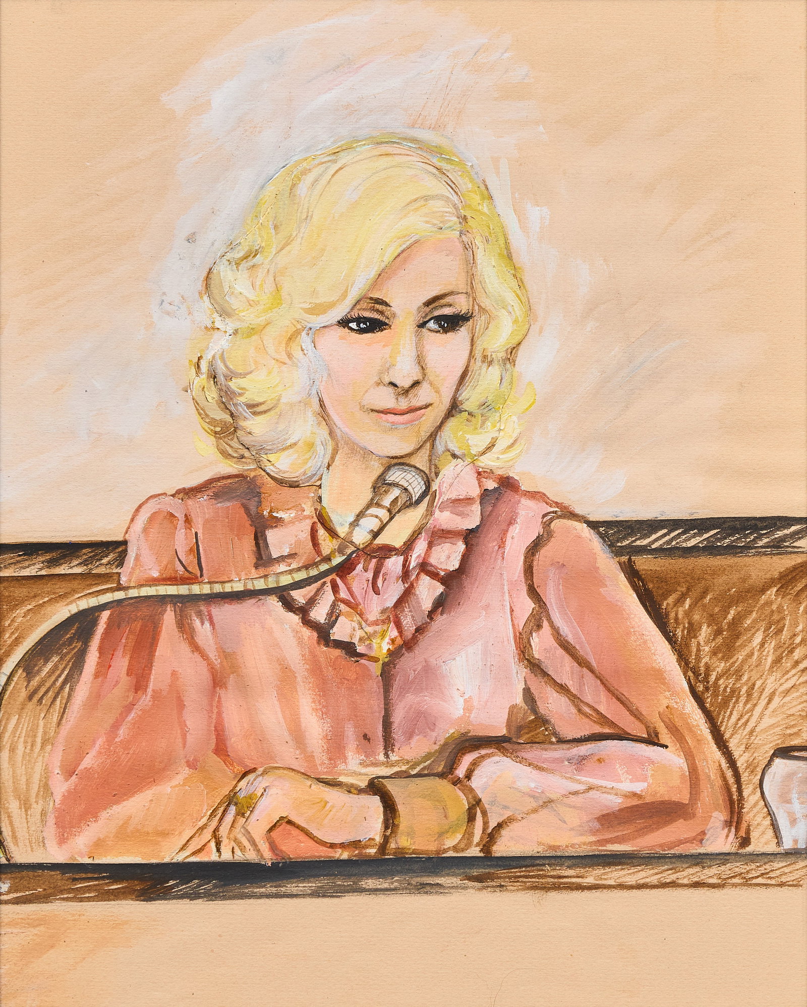 Jacqui von Honts, Priscilla Davis Courtroom Art: Jacqui von Honts (Texas, 1936-2011), portrait of Priscilla Davis, courtroom art from the Cullen Davis murder trial in 1977, watercolor, pen and ink on paper, with studio label on the verso reading &qu
