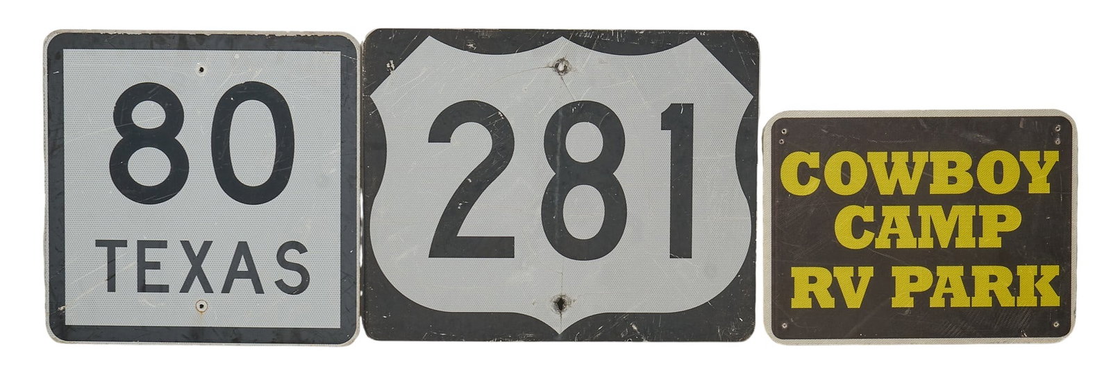 (3) Texas Road Signs: Collection of three vintage single-sided Texas road signs, circa late 20th century height 24 in. x width 30 in. / largest Provenance: Property from a home in San Antonio, Texas