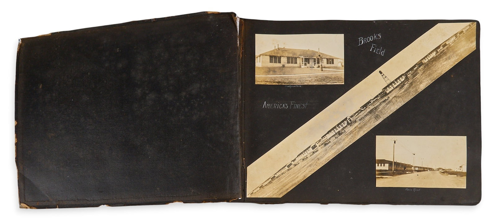 Brooks Army Base Photo Album: Brooks Army Airfield (San Antonio, Texas) photo album containing one-hundred-forty-six (146) black and white photographs of buildings on base, pilots and their aircraft, the Alamo, the