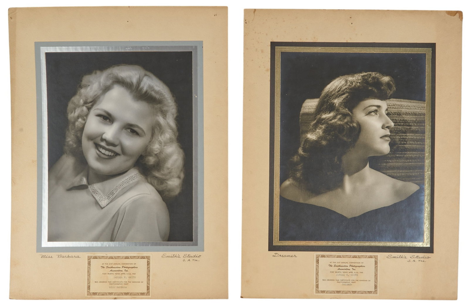 (2) Vintage San Antonio Belles: Two vintage photograph portraits from Smith's Studio (San Antonio, Texas), ca. 1940s overall: 16.75 x 2.25 in. / each Provenance: Property from a home in Schertz, Texas 
