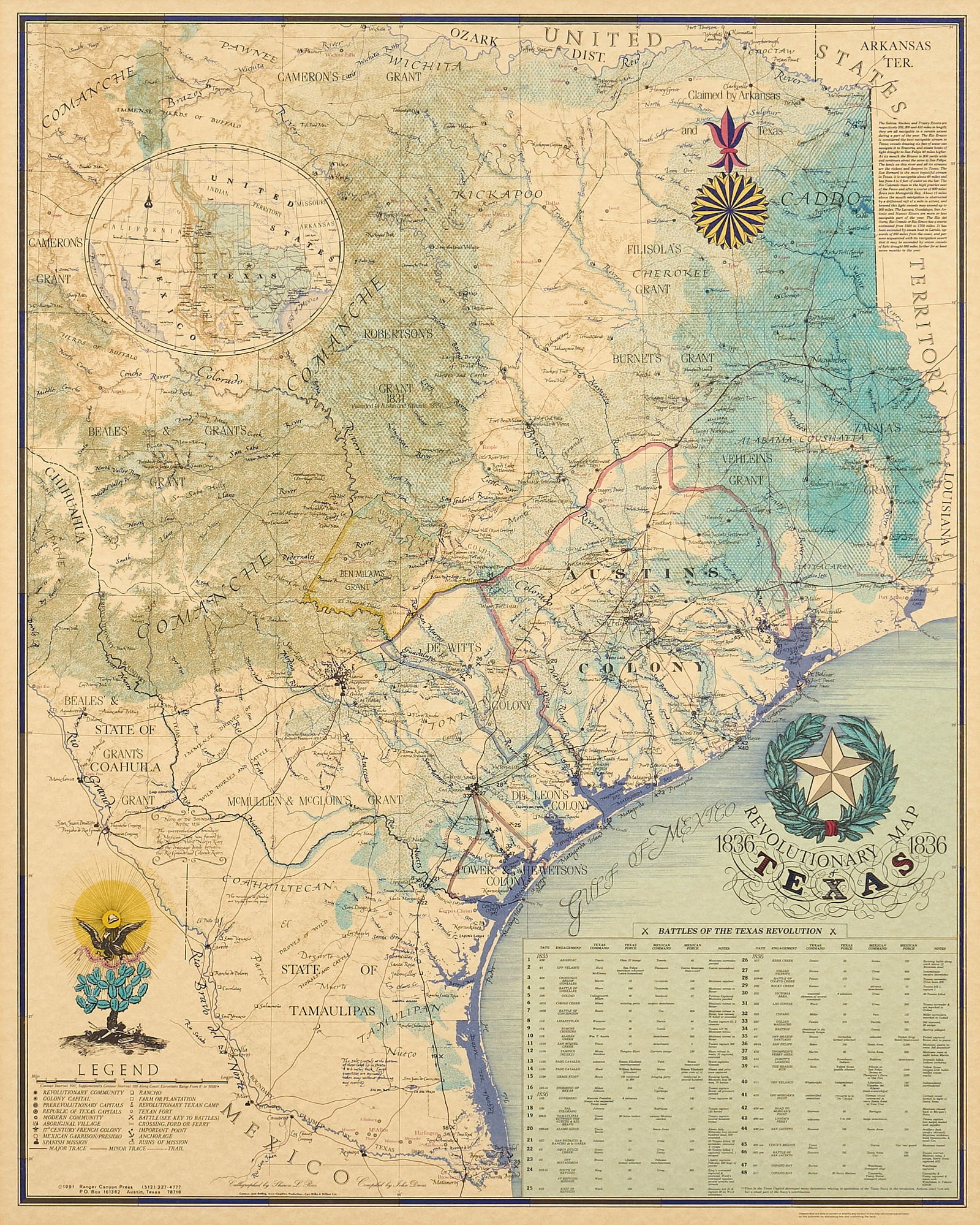 Reproduction, Revolutionary Map of Texas 1836: Framed reproduction of the 1836 Revolutionary Map of Texas sight: 30 x 24 in., frame: 40 in. x 33.5 in. Provenance: Property from a home in Houston, Texas.
